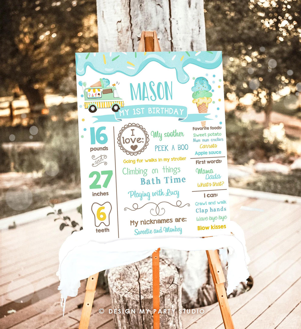 Editable Ice Cream Birthday Milestone Sign Boy Blue First Birthday Ice Cream Truck 1st Cone Sweet Digital Download Template Printable 0243