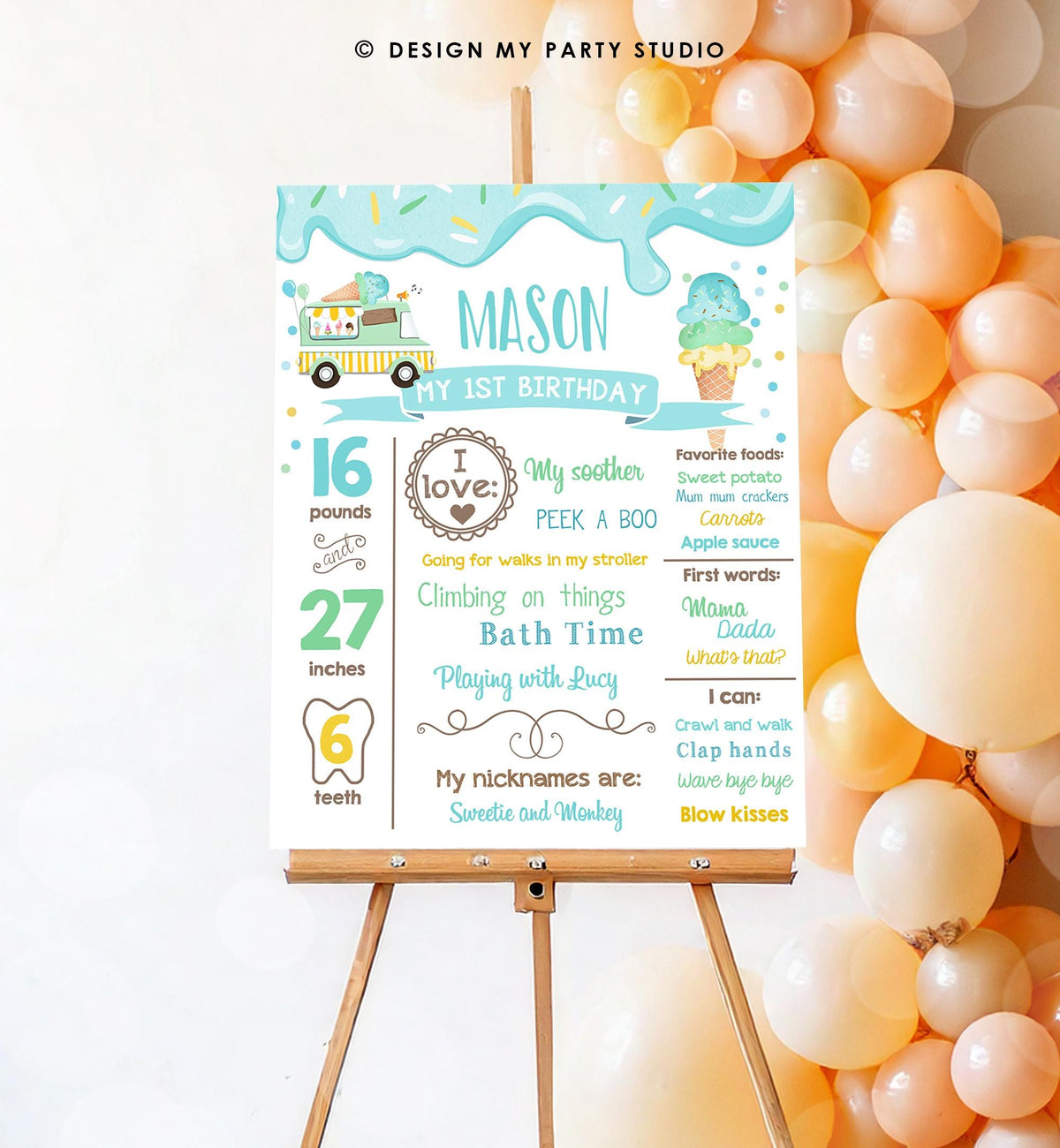 Editable Ice Cream Birthday Milestone Sign Boy Blue First Birthday Ice Cream Truck 1st Cone Sweet Digital Download Template Printable 0243