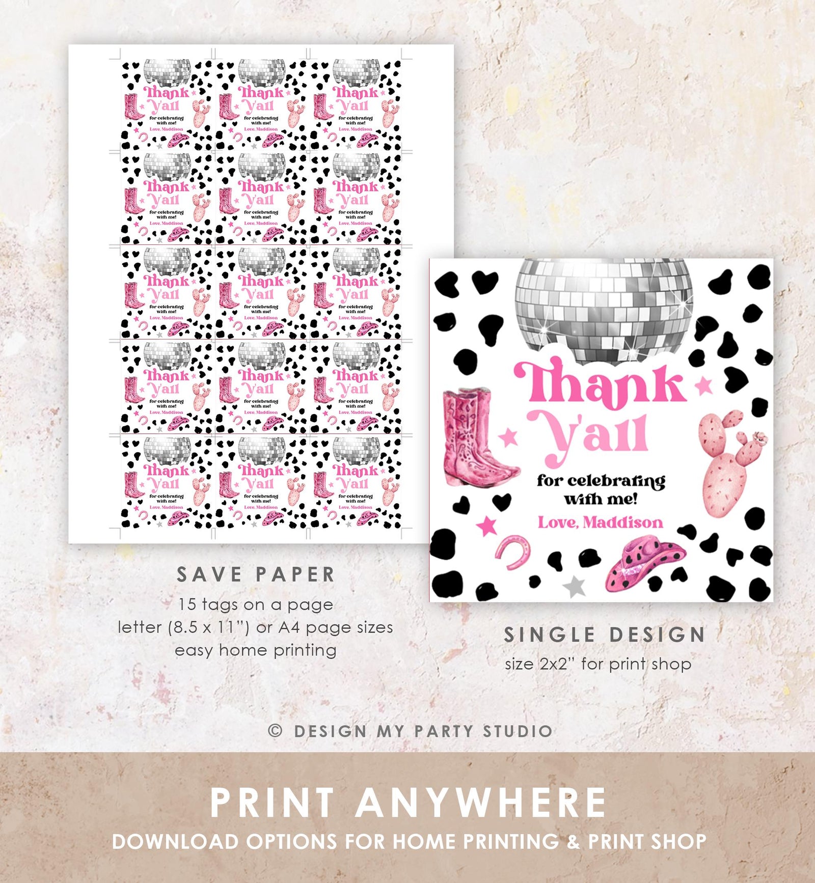 Editable Disco Cowgirl Birthday Favor Tag Nashville Party Gift Tag Pink Girl Rodeo Party Wild West Sticker Digital Template Printable 0455