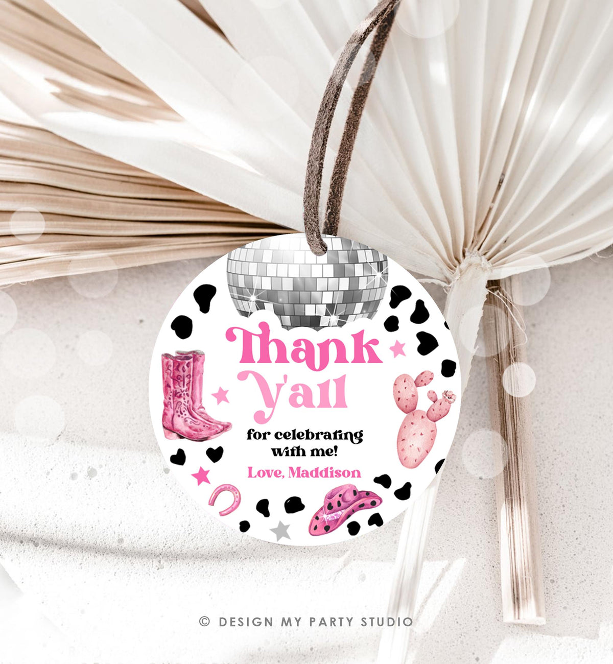 Editable Disco Cowgirl Birthday Favor Tag Nashville Party Gift Tag Pink Girl Rodeo Party Wild West Sticker Digital Template Printable 0455