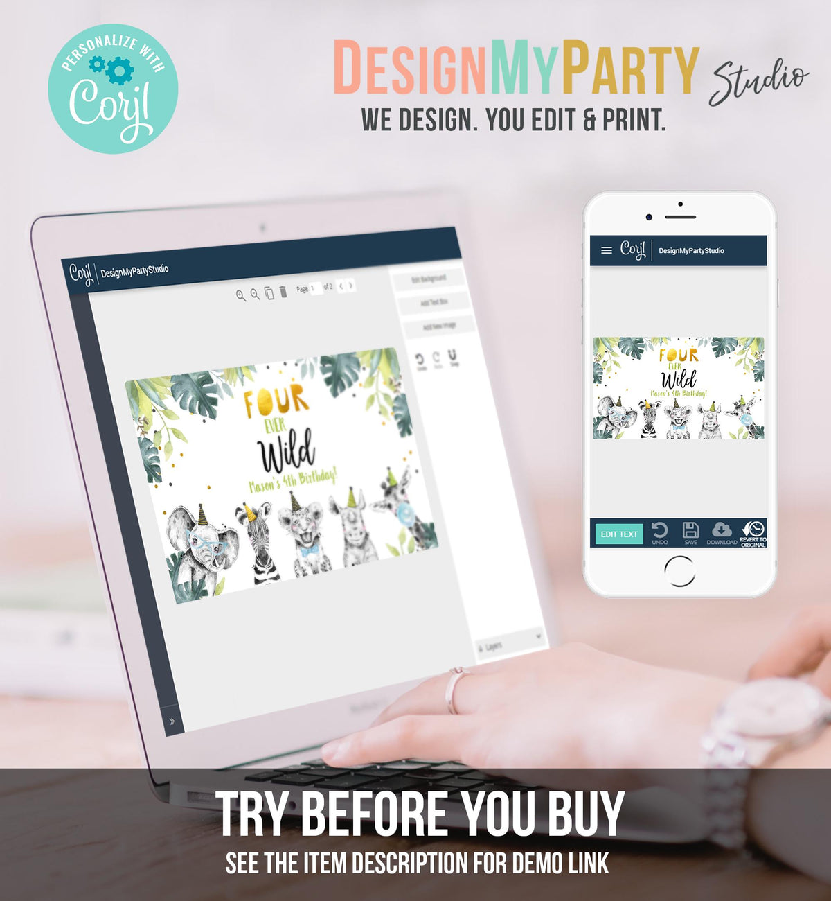 Editable Four Ever Wild Party Animals 4th Fourth Birthday Backdrop Banner Safari Animals Boy Blue Digital Template Printable 0322