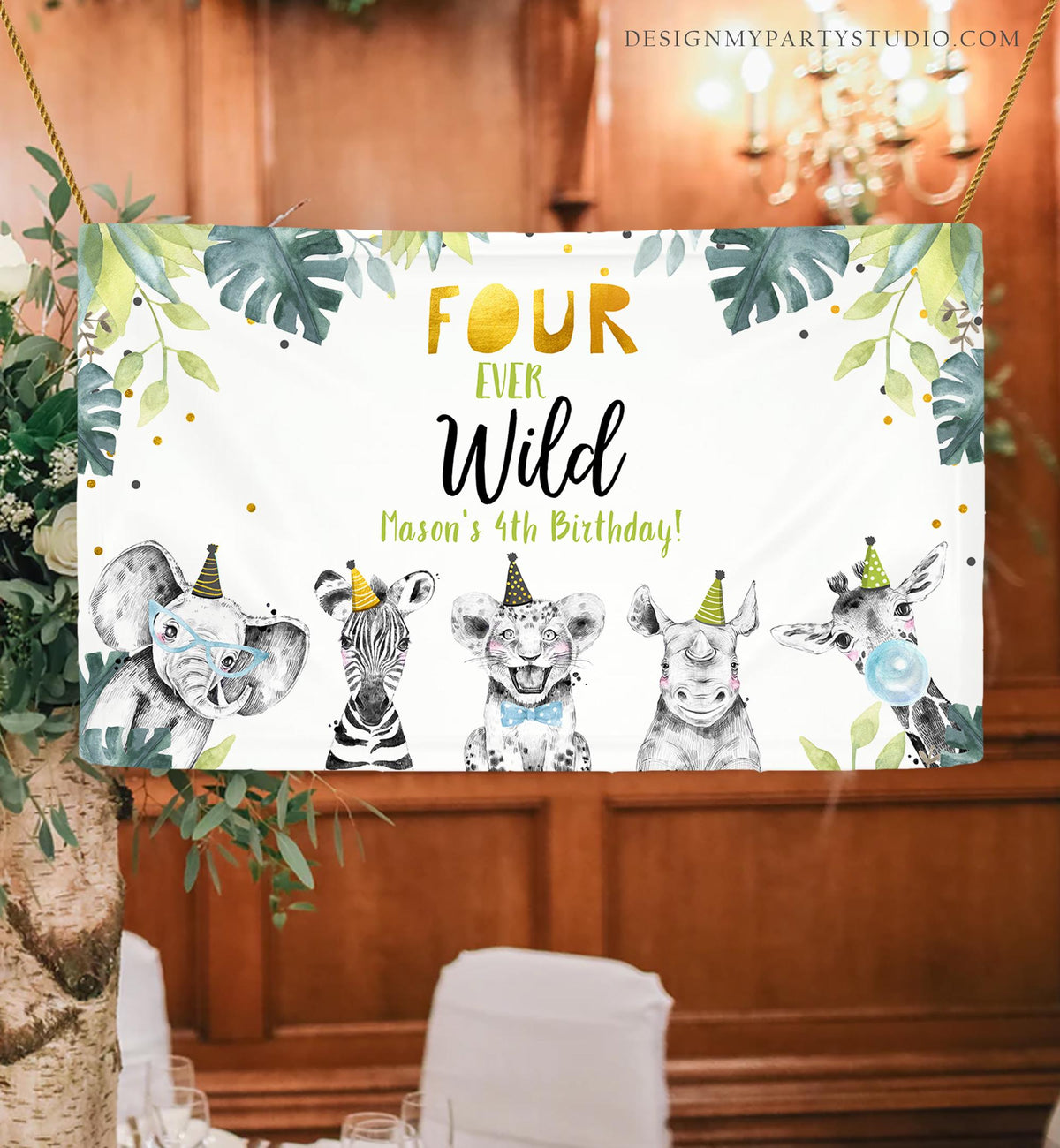 Editable Four Ever Wild Party Animals 4th Fourth Birthday Backdrop Banner Safari Animals Boy Blue Digital Template Printable 0322