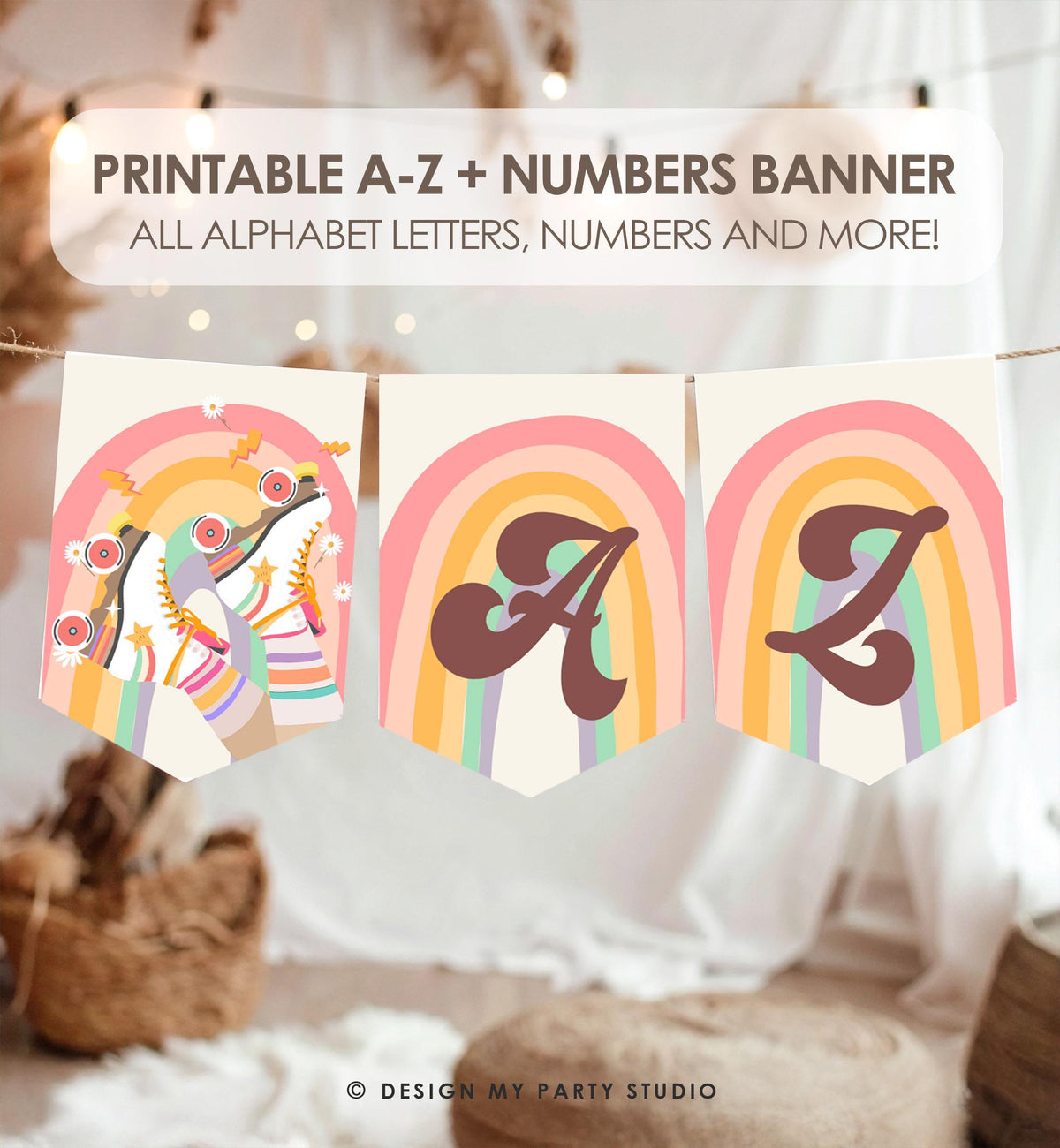 May include: A banner with the text &amp;quot;PRINTABLE A-Z + NUMBERS BANNER&amp;quot; and &amp;quot;ALL ALPHABET LETTERS, NUMBERS AND MORE!&amp;quot;. The banner features a rainbow design with the letters &amp;quot;A&amp;quot; and &amp;quot;Z&amp;quot;. The banner is hanging on a string.