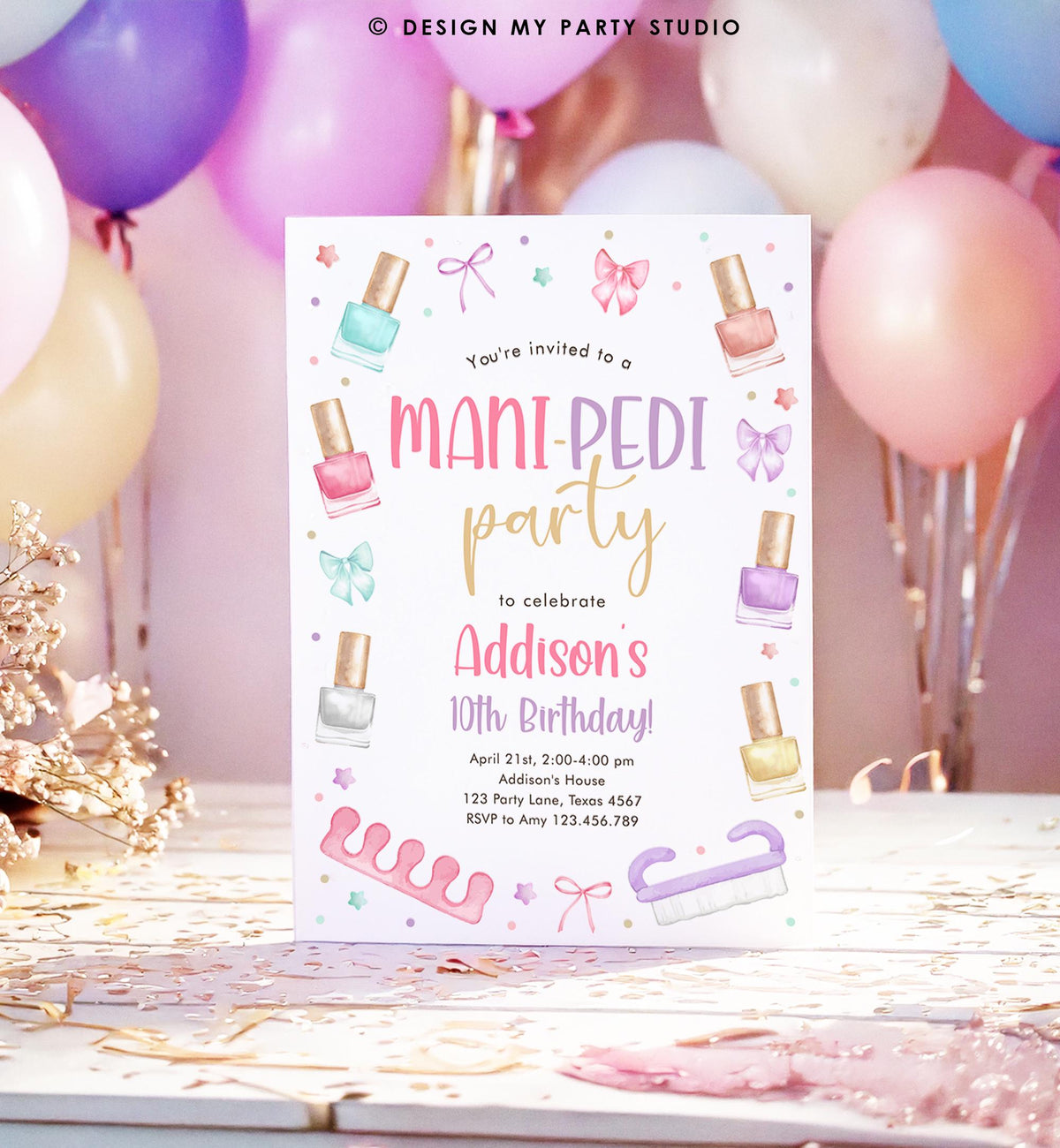 May include: A party invitation with the text &amp;quot;MANI-PEDI party&amp;quot; in pink and purple. The invitation includes nail polish bottle illustrations and bows. The invitation is to celebrate Addison&amp;#39;s 10th birthday.