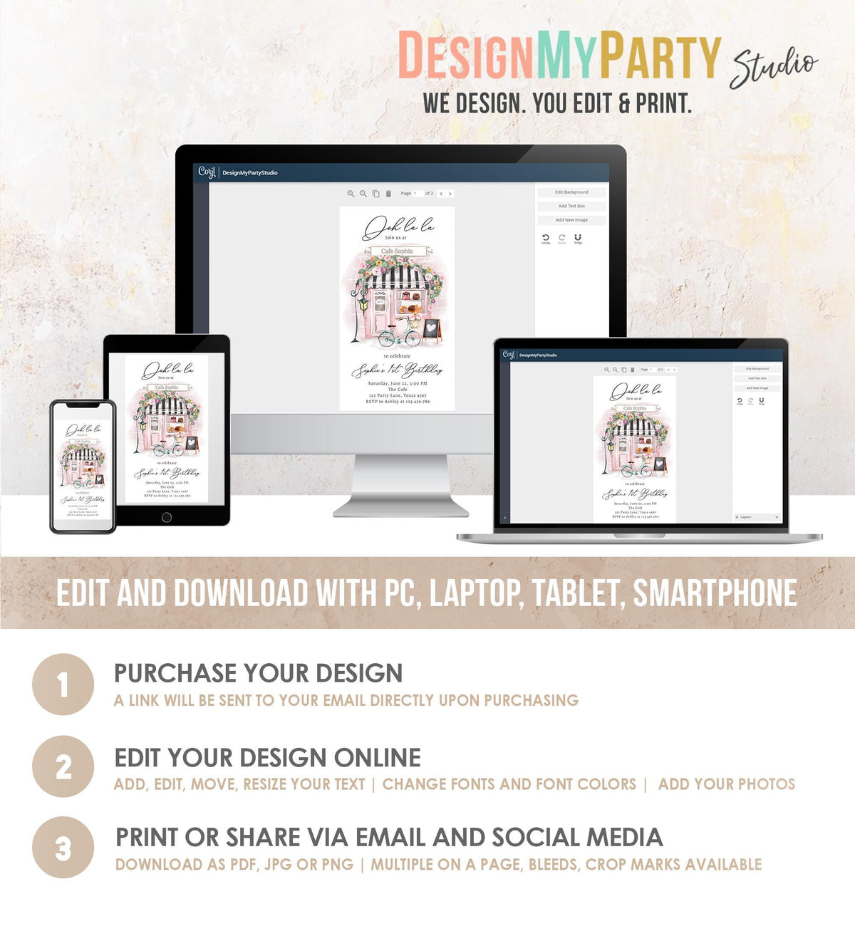 Editable Paris Birthday Invitation Girl Tea Party Pink Floral French Parisian Cafe Patisserie Socials Digital Evite Template Phone 0441