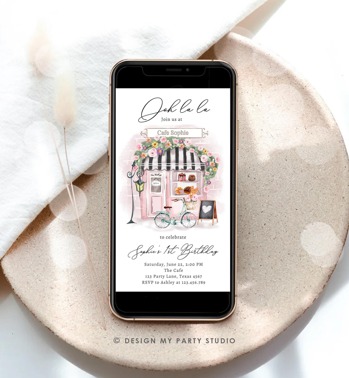 Editable Paris Birthday Invitation Girl Tea Party Pink Floral French Parisian Cafe Patisserie Socials Digital Evite Template Phone 0441