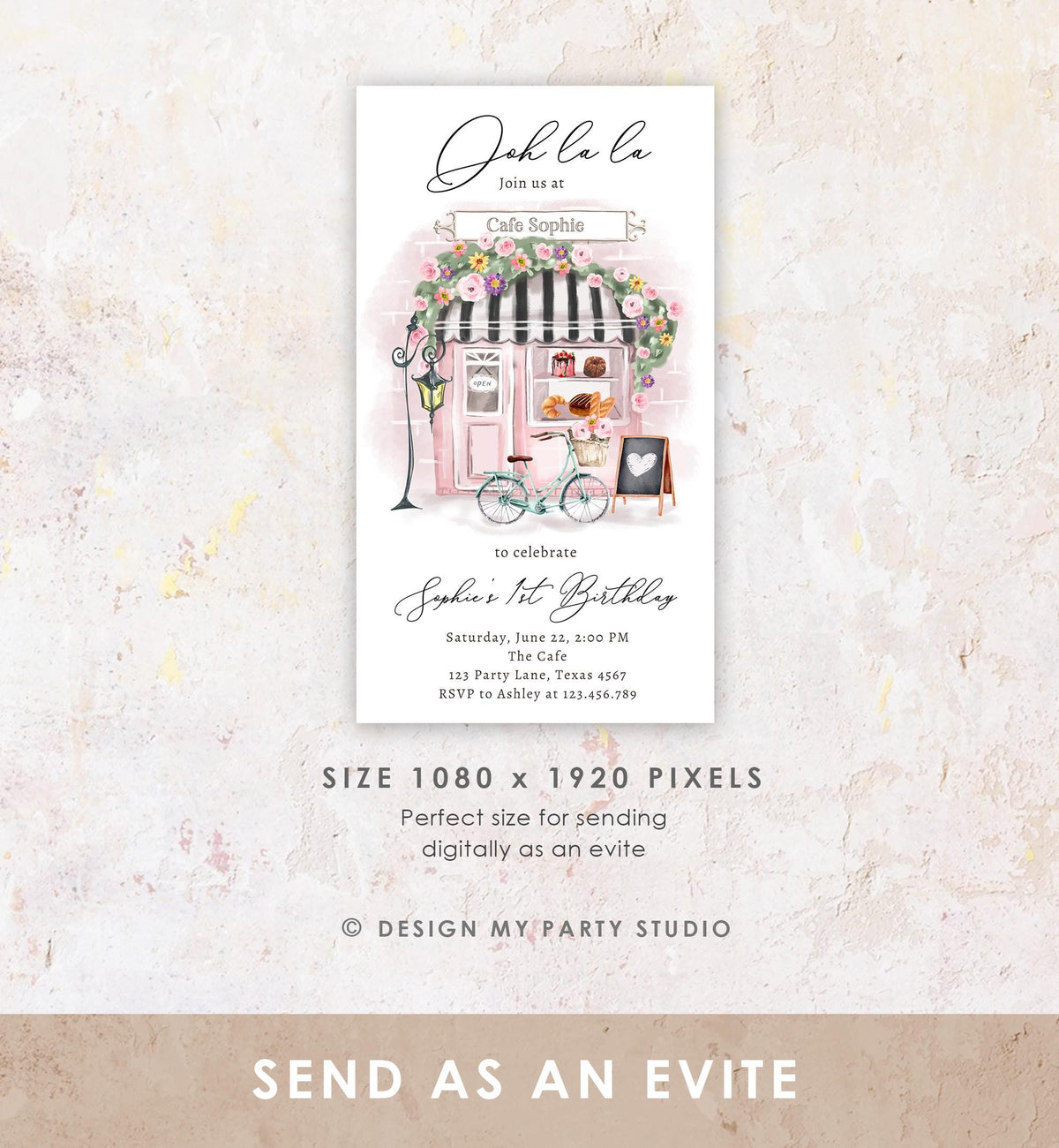 Editable Paris Birthday Invitation Girl Tea Party Pink Floral French Parisian Cafe Patisserie Socials Digital Evite Template Phone 0441