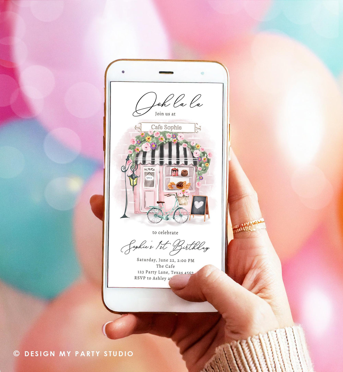 Editable Paris Birthday Invitation Girl Tea Party Pink Floral French Parisian Cafe Patisserie Socials Digital Evite Template Phone 0441