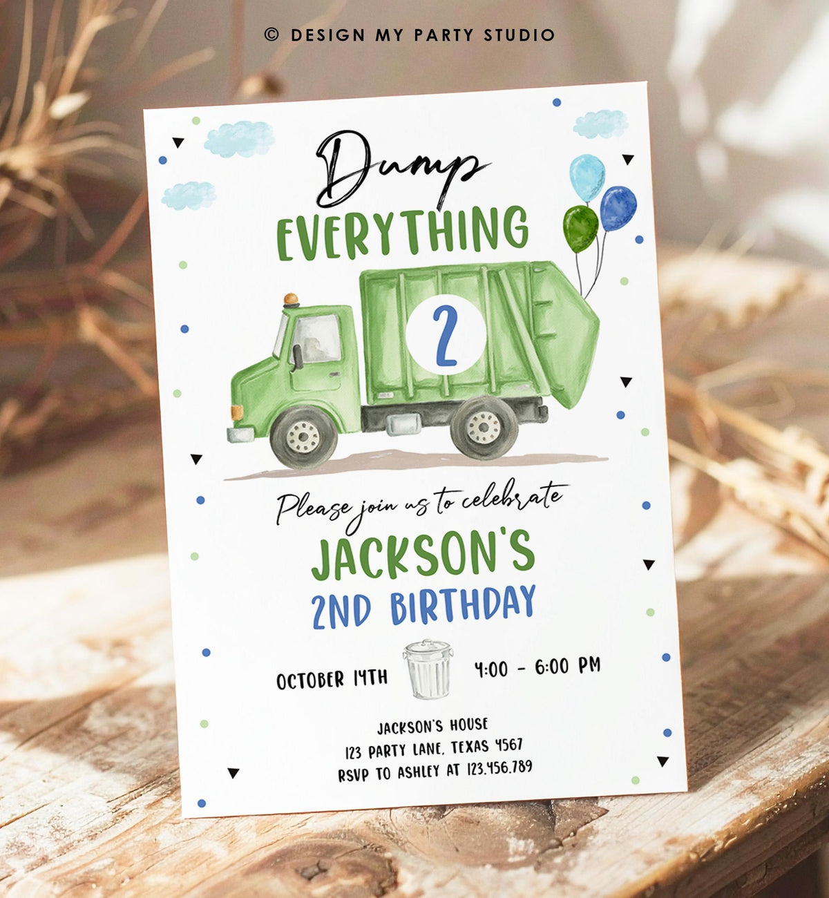 May include: A birthday party invitation with a green garbage truck illustration and the text &amp;quot;Dump Everything 2&amp;quot;. The invitation includes details for Jackson&amp;#39;s 2nd birthday, with the date, time, and location. Blue and green accents decorate the card.