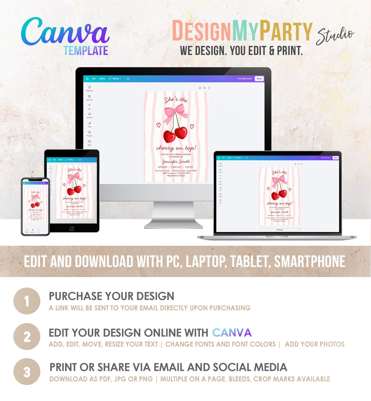 Editable Cherry on Top Bridal Shower Invitation Couples Sweet Bridal Shower Mon Cherri Digital Download Canva Template Printable 0572