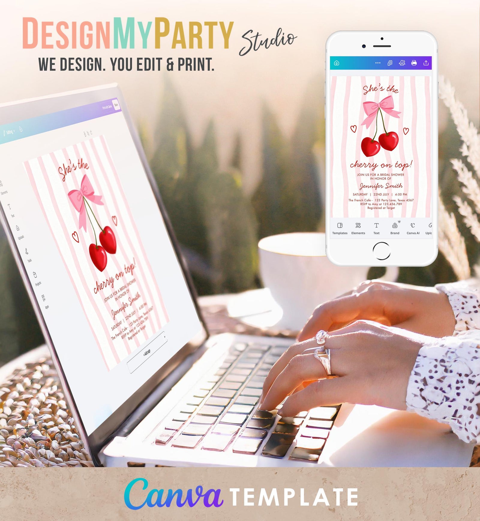 Editable Cherry on Top Bridal Shower Invitation Couples Sweet Bridal Shower Mon Cherri Digital Download Canva Template Printable 0572