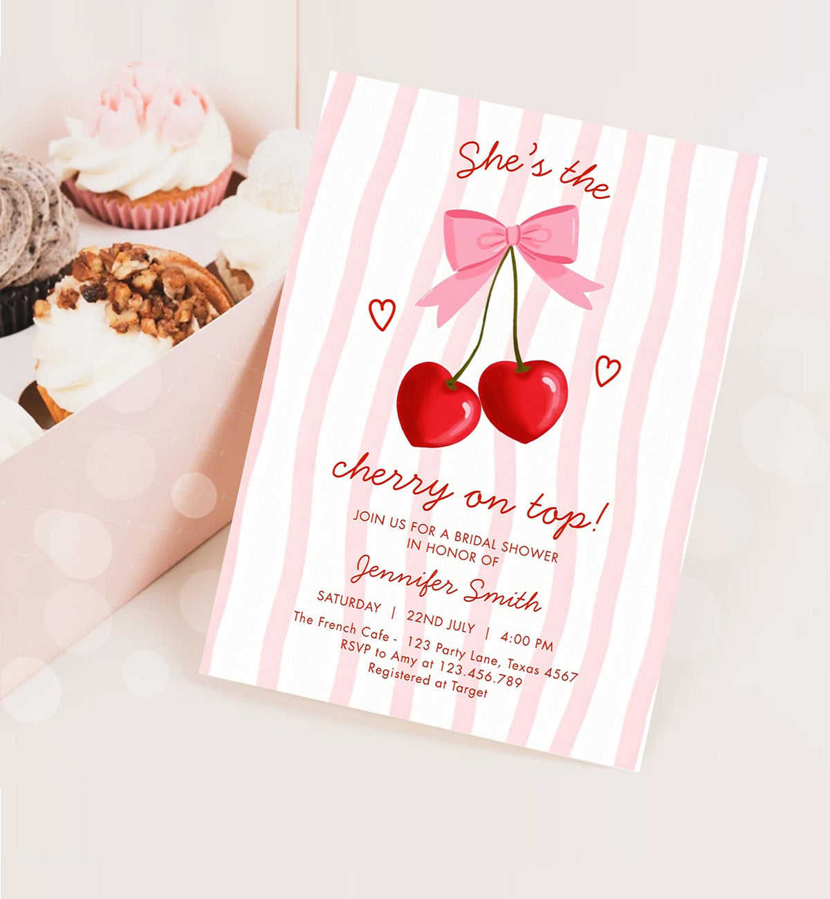 Editable Cherry on Top Bridal Shower Invitation Couples Sweet Bridal Shower Mon Cherri Digital Download Canva Template Printable 0572