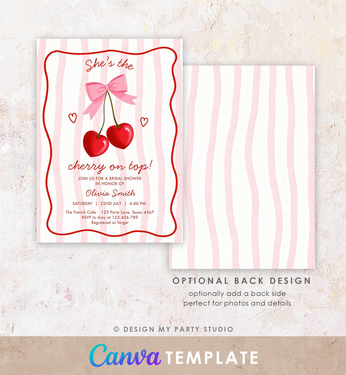 Editable Cherry on Top Bridal Shower Invitation Couples Sweet Bridal Shower Mon Cherri Digital Download Canva Template Printable 0572