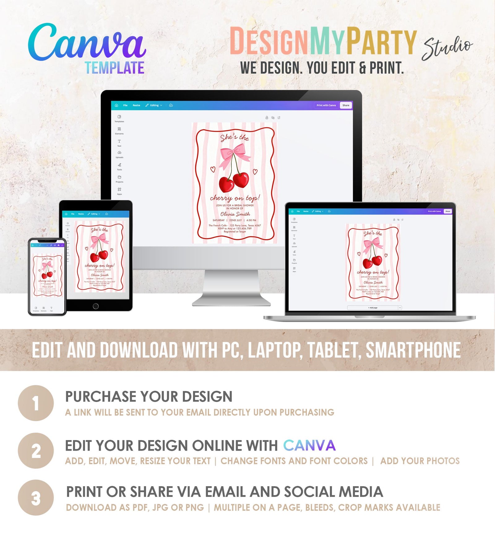 Editable Cherry on Top Bridal Shower Invitation Couples Sweet Bridal Shower Mon Cherri Digital Download Canva Template Printable 0572