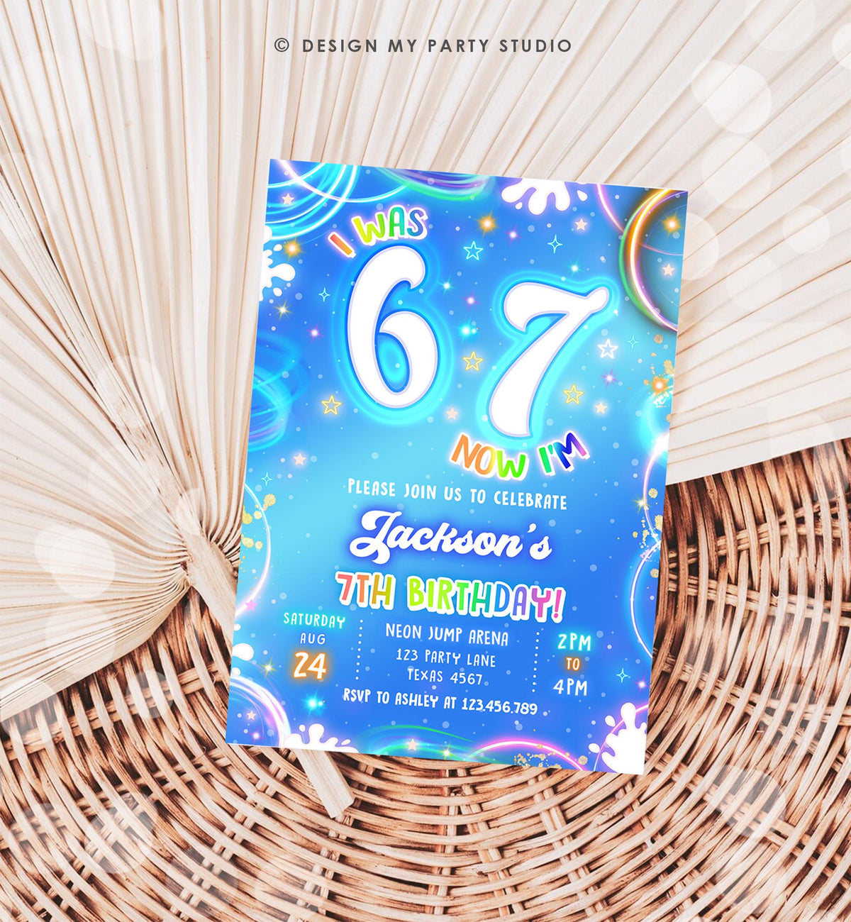 Editable 6 7 Birthday Invitation Boy 7th Retro Groovy Vibe Six Seven Neon Glow Blue Party Digital Evite Template Printable 0568
