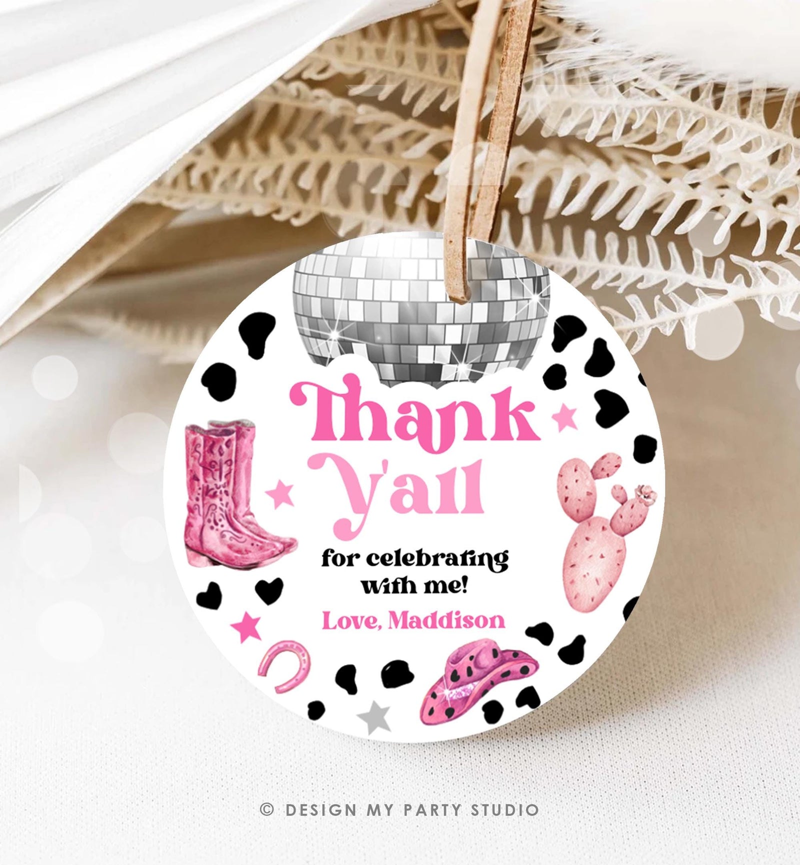 Editable Disco Cowgirl Birthday Favor Tag Nashville Party Gift Tag Pink Girl Rodeo Party Wild West Sticker Digital Template Printable 0455