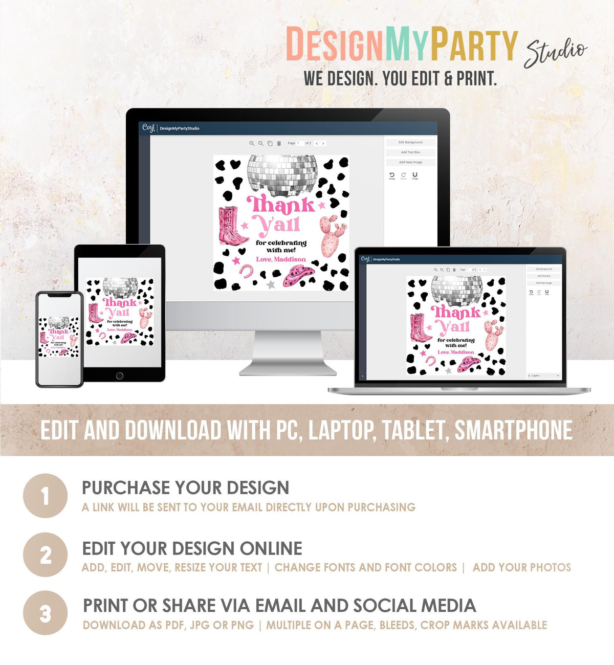 Editable Disco Cowgirl Birthday Favor Tag Nashville Party Gift Tag Pink Girl Rodeo Party Wild West Sticker Digital Template Printable 0455