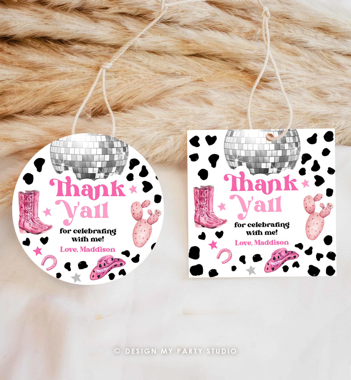 Editable Disco Cowgirl Birthday Favor Tag Nashville Party Gift Tag Pink Girl Rodeo Party Wild West Sticker Digital Template Printable 0455