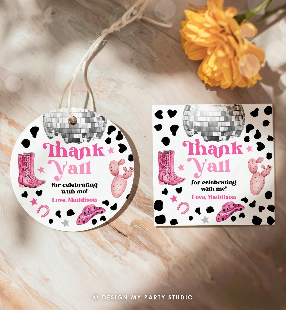 Editable Disco Cowgirl Birthday Favor Tag Nashville Party Gift Tag Pink Girl Rodeo Party Wild West Sticker Digital Template Printable 0455