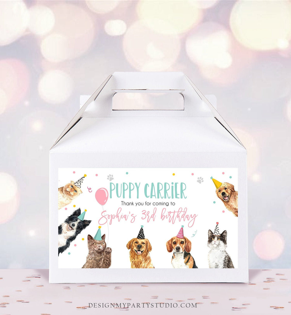 May include: White favor box with a sticker that says &amp;quot;Puppy Carrier&amp;quot; and &amp;quot;Thank you for coming to Sophia&amp;#39;s 3rd birthday&amp;quot;. The sticker features a cartoon illustration of dogs and cats wearing party hats.