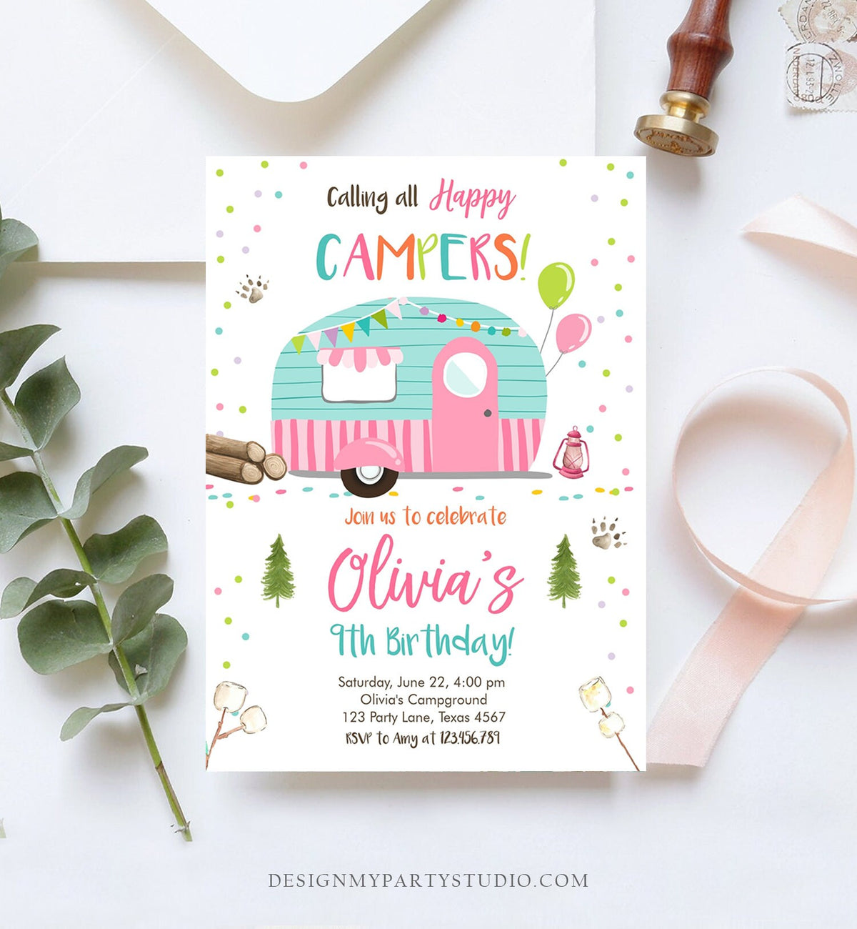 May include: A pink and blue camper van with a white roof and a window. The van has a colorful pennant banner and a lantern hanging from the side. The text on the invitation reads &amp;quot;Calling all Happy Campers!&amp;quot; and &amp;quot;Olivia&amp;#39;s 9th Birthday!&amp;quot; The invitation also includes the date, time, and location of the party.