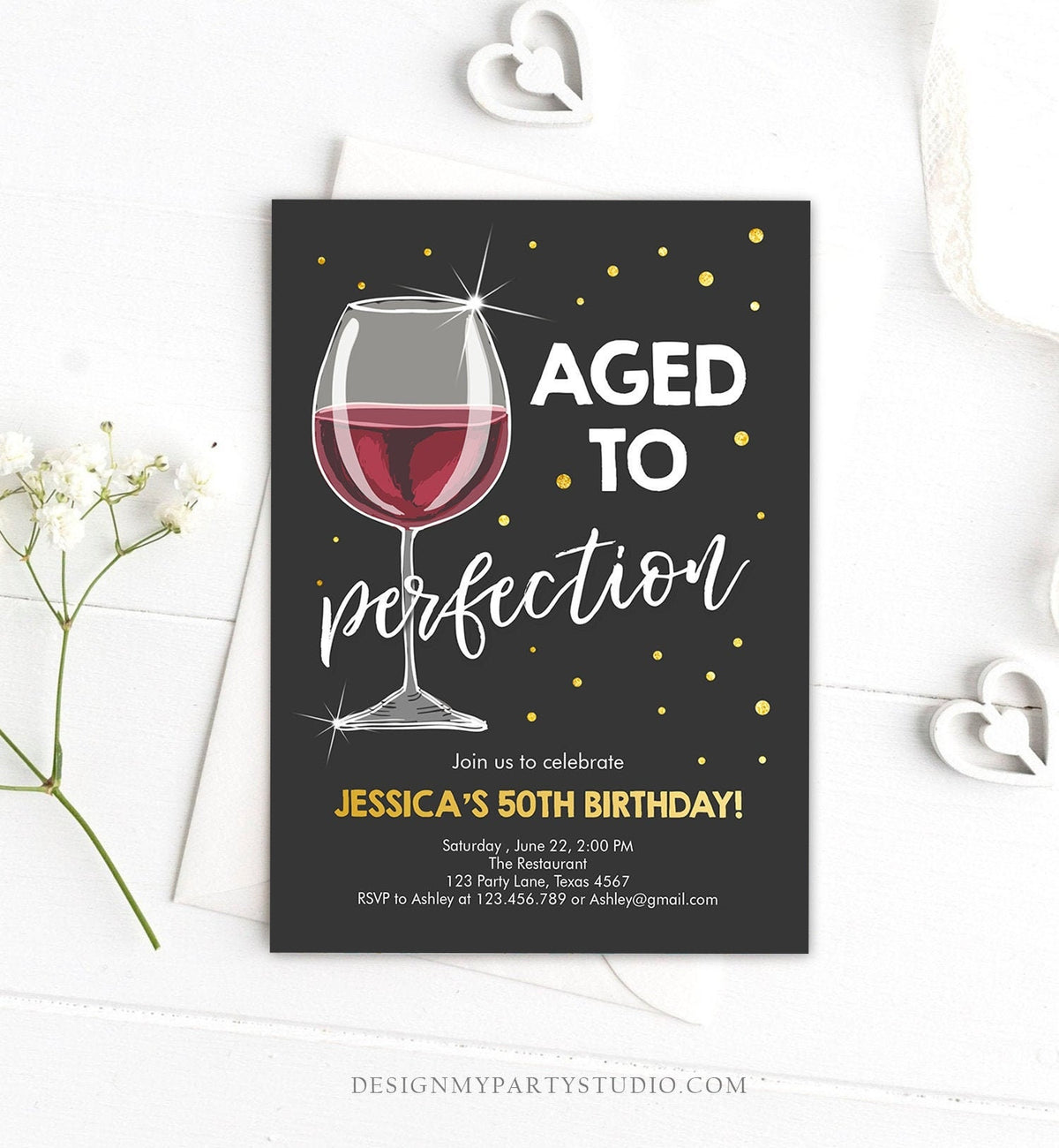 May include: Black and gold 50th birthday party invitation with a glass of red wine. The text reads &amp;quot;Aged to Perfection&amp;quot; and includes details for the party, including the date, time, location, and RSVP information.