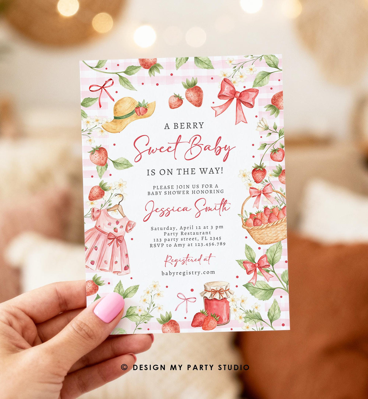 May include: A baby shower invitation with a pink and white striped background. The invitation features a watercolor design with strawberries, bows, and a dress. Text reads &amp;quot;A Berry Sweet Baby is on the Way!&amp;quot; and includes event details.