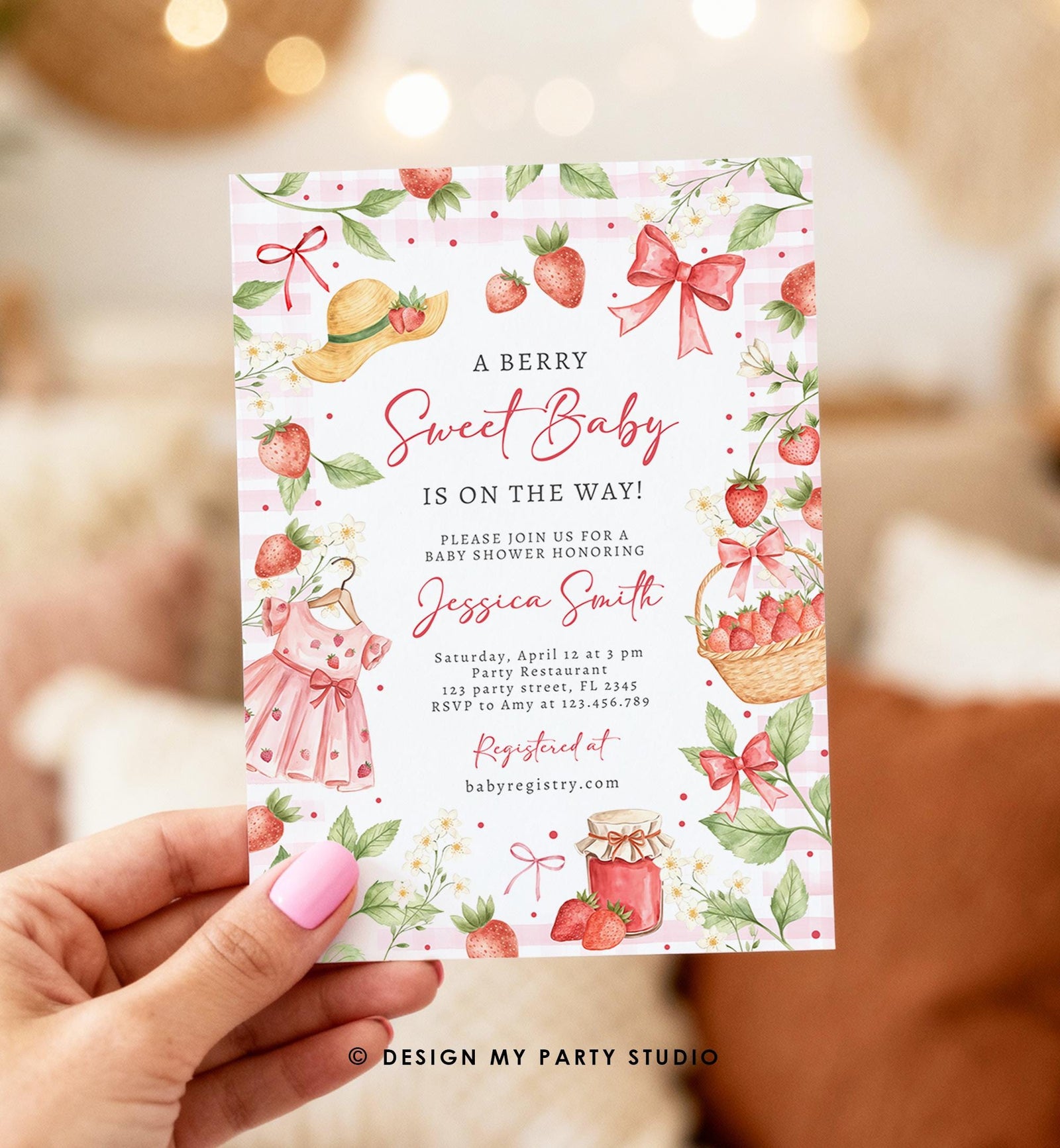 May include: A baby shower invitation with a pink and white striped background. The invitation features a watercolor design with strawberries, bows, and a dress. Text reads "A Berry Sweet Baby is on the Way!" and includes event details.