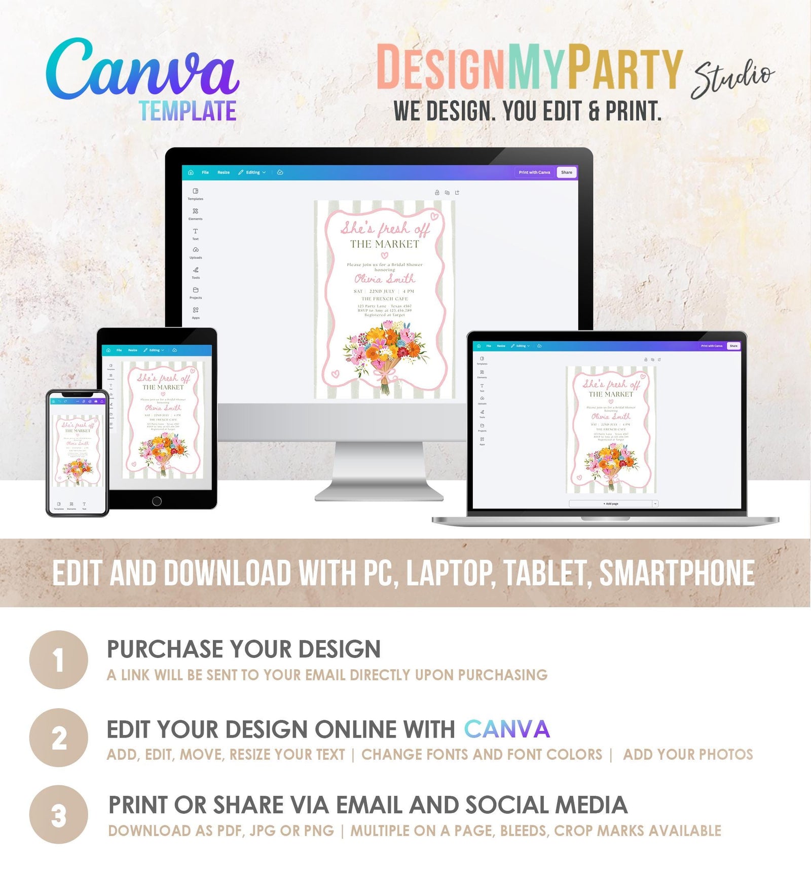 Editable Fresh Off the Market Bridal Shower invitation Farmer's Flower Market Floral Digital Canva Template Instant Download Printable 0573
