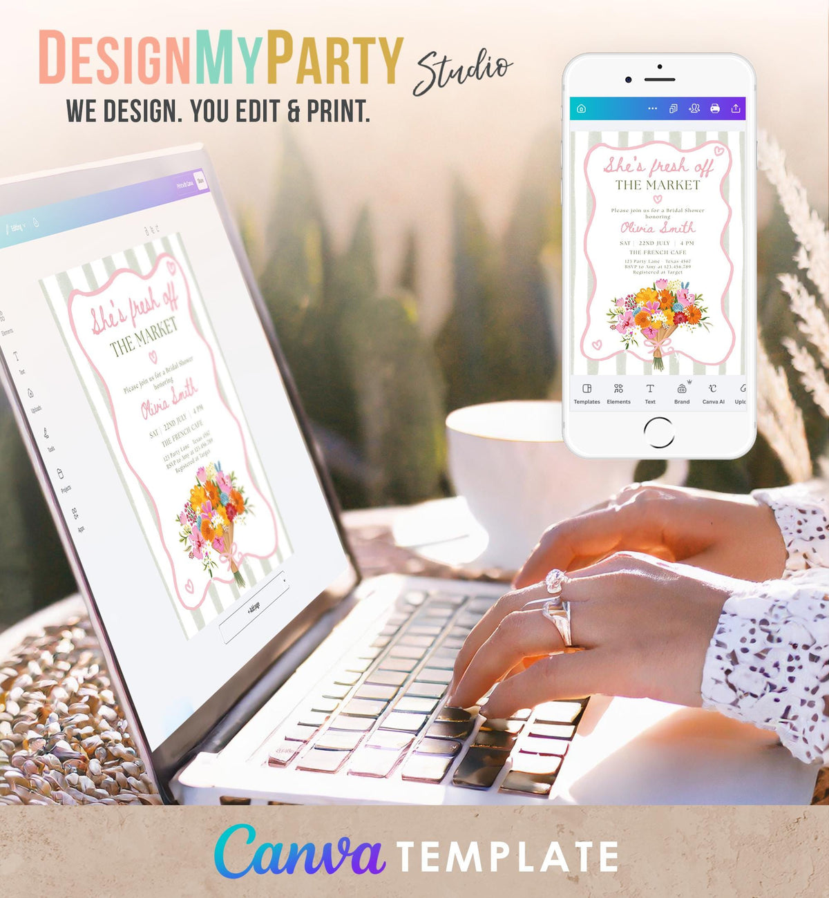 Editable Fresh Off the Market Bridal Shower invitation Farmer's Flower Market Floral Digital Canva Template Instant Download Printable 0573