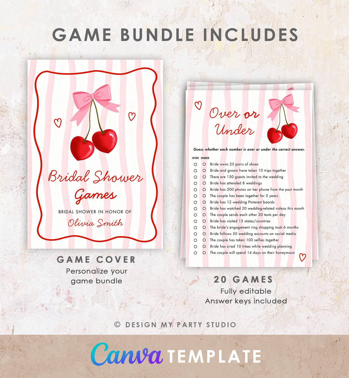Editable Pink Cherry Bow Bridal Shower Game Bundle Bachelorette Coquette Cherry on Top Digital Download Canva Template Printable 0572