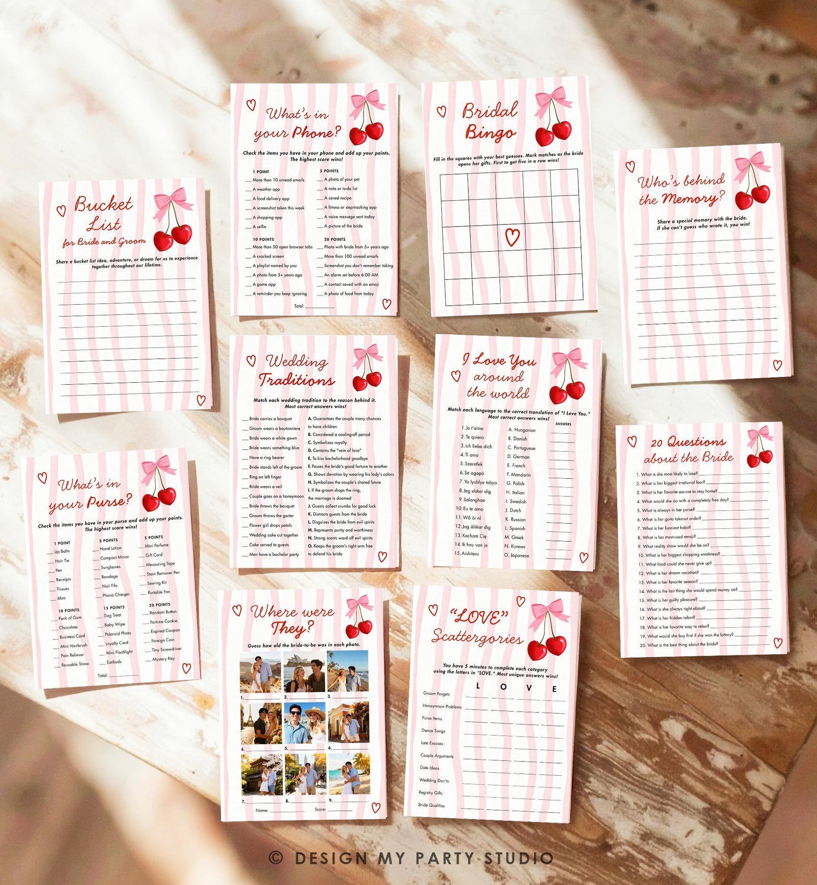 Editable Pink Cherry Bow Bridal Shower Game Bundle Bachelorette Coquette Cherry on Top Digital Download Canva Template Printable 0572