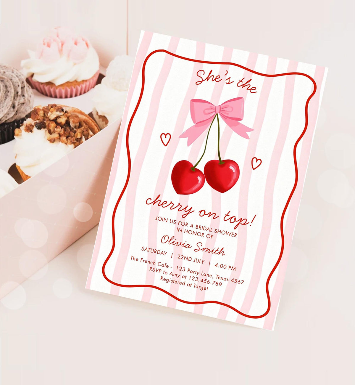 Editable Cherry on Top Bridal Shower Invitation Couples Sweet Bridal Shower Mon Cherri Digital Download Canva Template Printable 0572