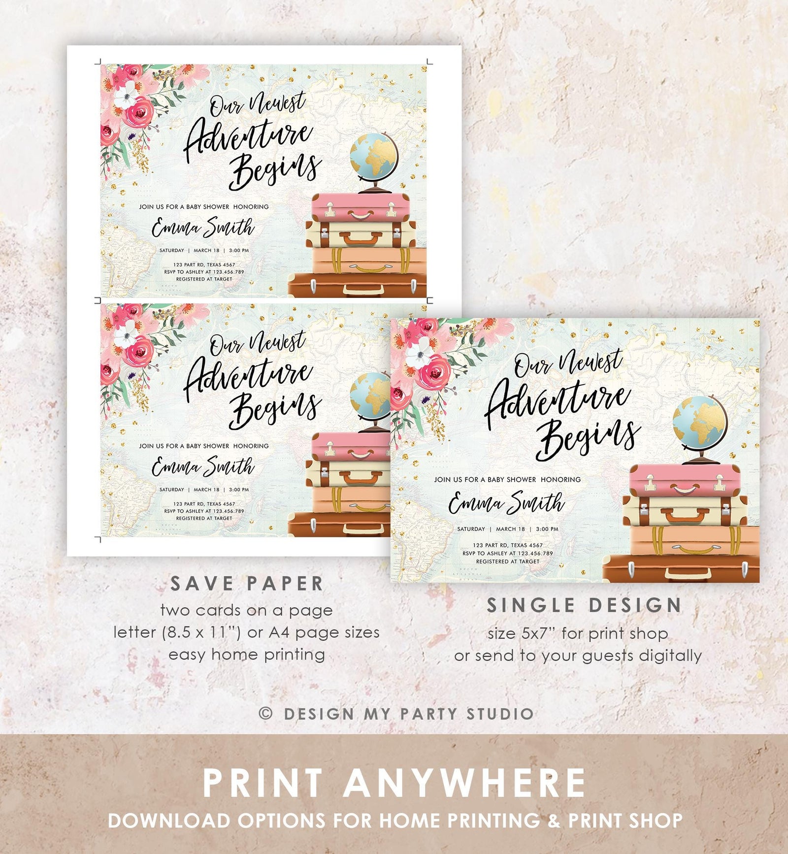 Editable Our Newest Adventure Begins Baby Shower Invitation Pink Floral Gold Suitcases Travel Awaits Digital Template Printable 0030