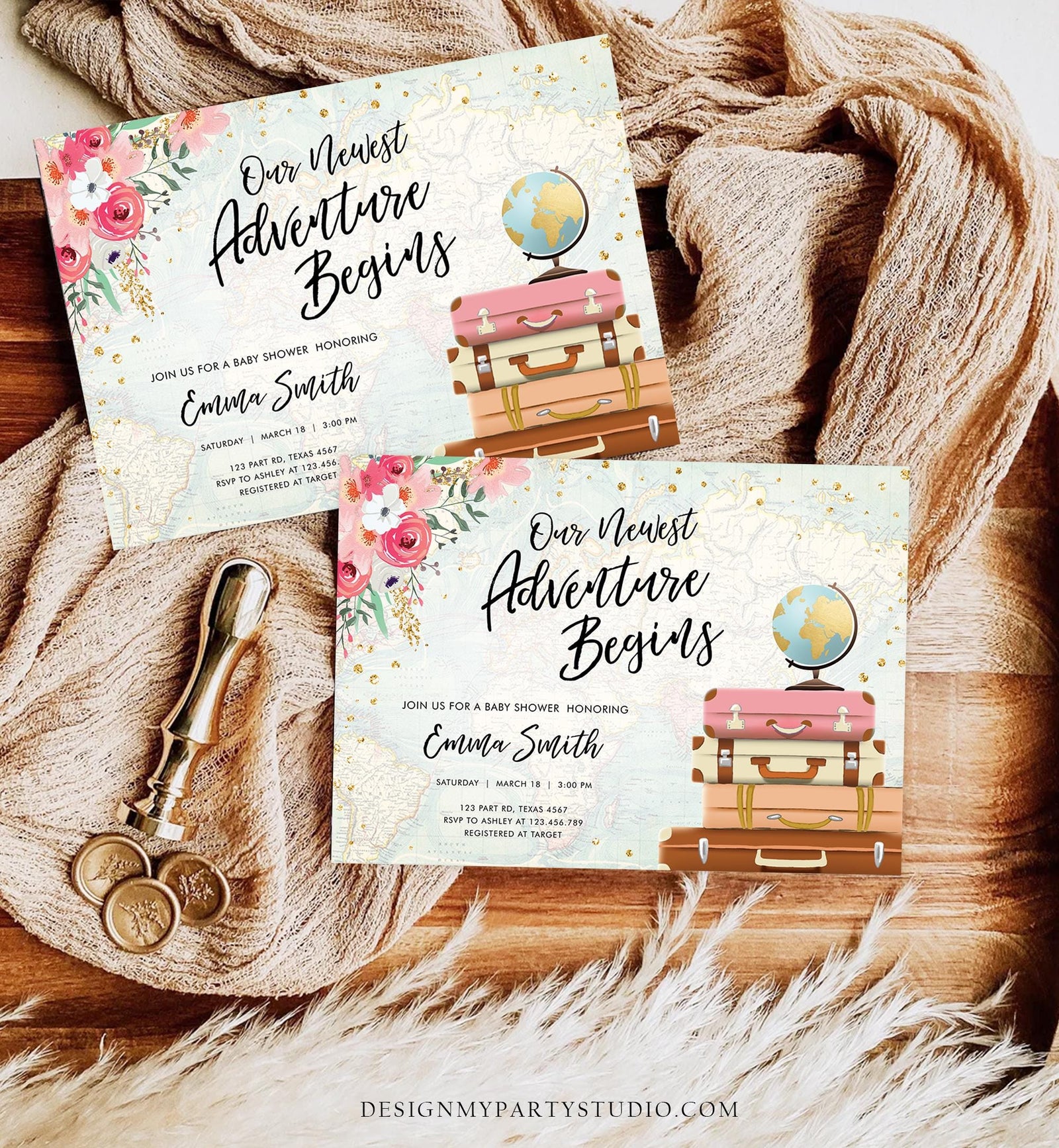 Editable Our Newest Adventure Begins Baby Shower Invitation Pink Floral Gold Suitcases Travel Awaits Digital Template Printable 0030