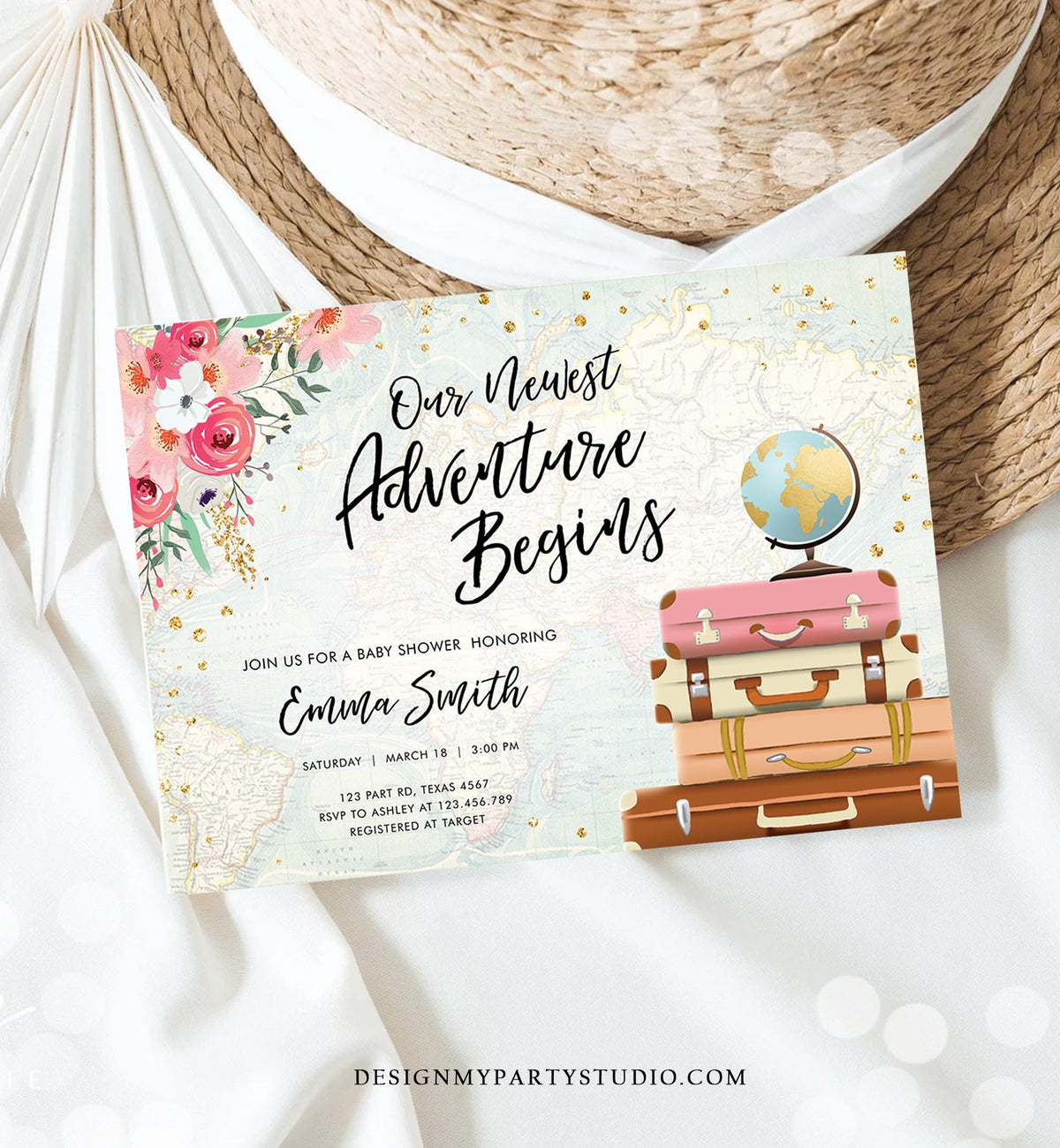 Editable Our Newest Adventure Begins Baby Shower Invitation Pink Floral Gold Suitcases Travel Awaits Digital Template Printable 0030