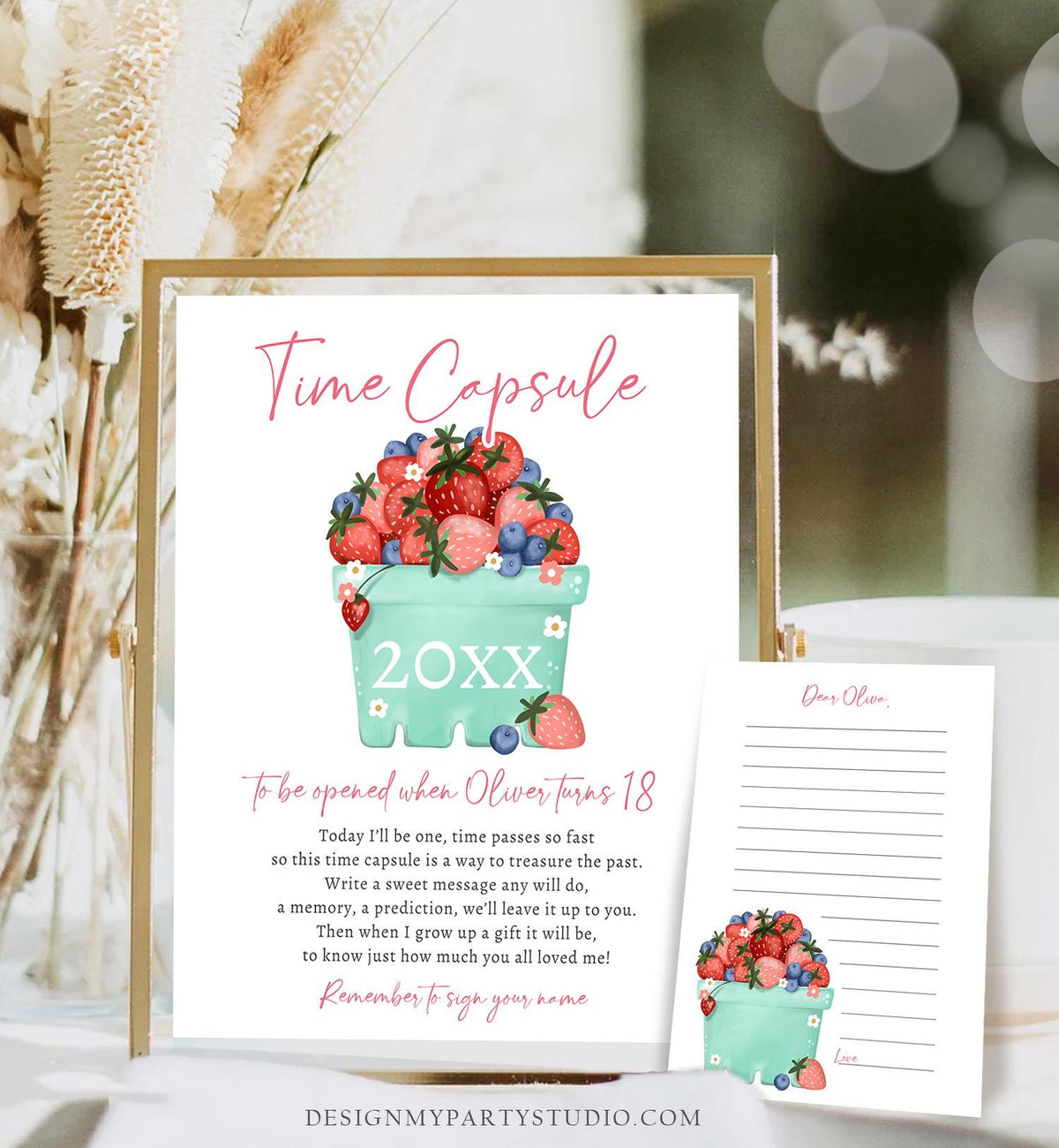 Editable Strawberry Blueberry Time Capsule First Birthday Party Decorations Berry Sweet Berry Sweet Girl Digital Template Printable 0506
