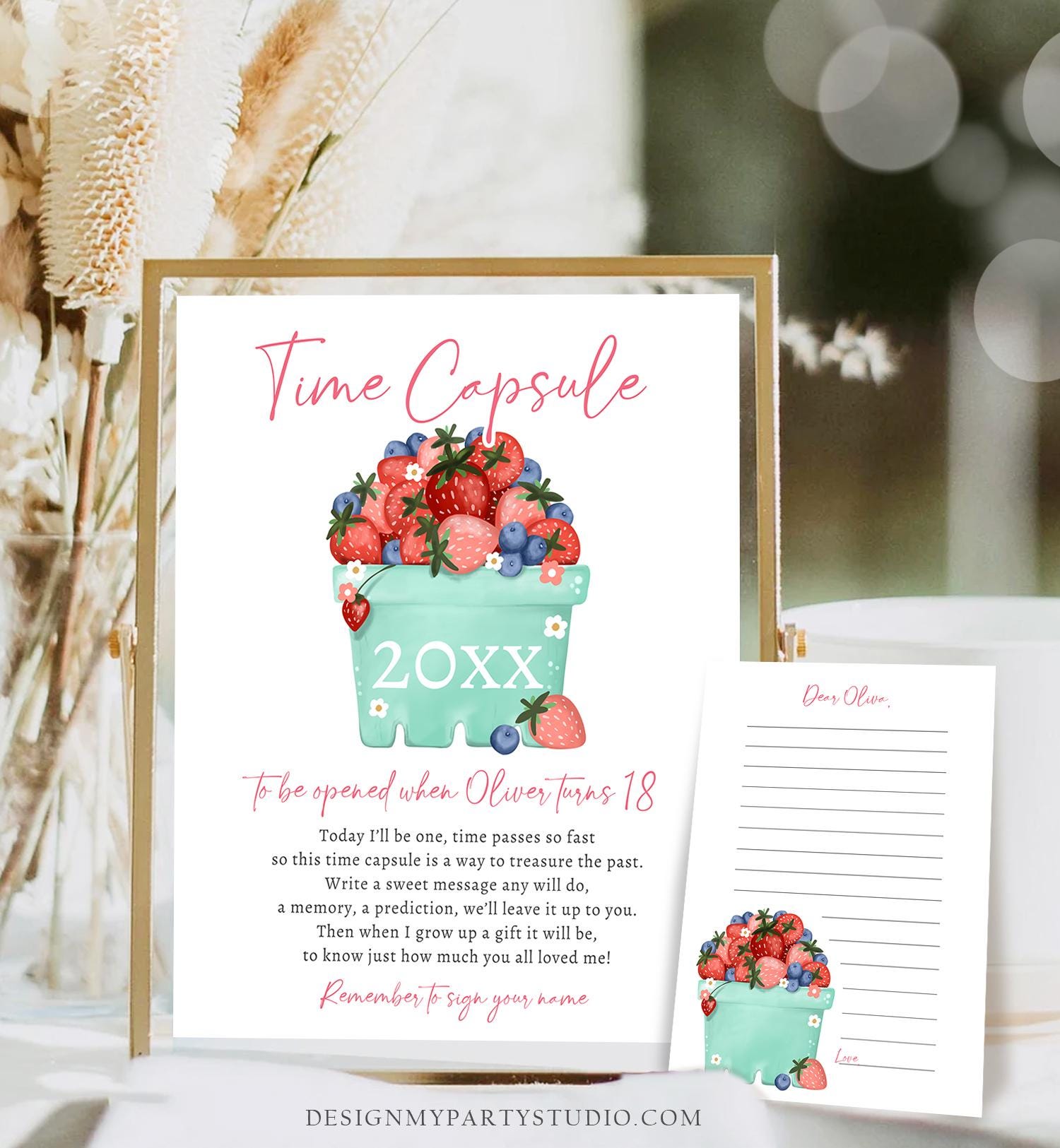 Editable Strawberry Blueberry Time Capsule First Birthday Party Decorations Berry Sweet Berry Sweet Girl Digital Template Printable 0506