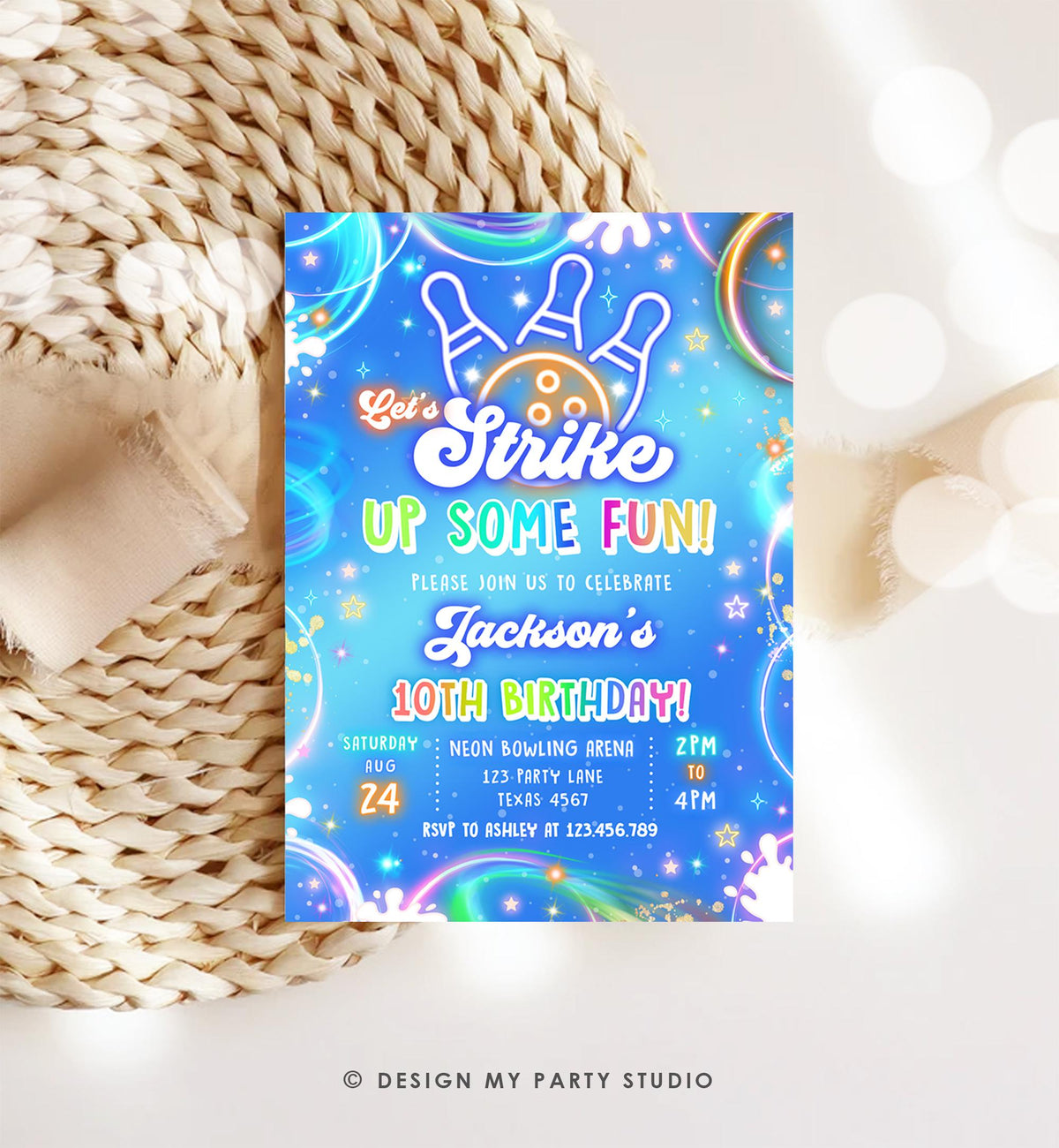 May include: A blue bowling-themed birthday party invitation with the text &amp;quot;Let&amp;#39;s Strike Up Some Fun!&amp;quot; and &amp;quot;Jackson&amp;#39;s 10th Birthday!&amp;quot; The invitation includes event details like date, time, and location.