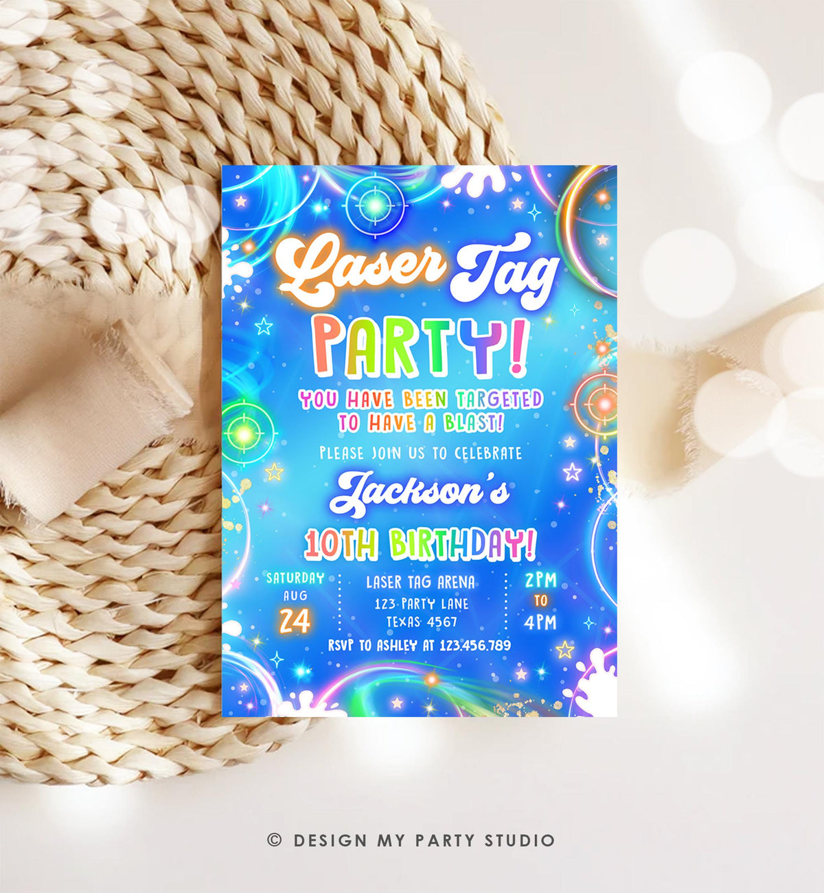 May include: A vibrant invitation for a Laser Tag Party, featuring a blue background with neon accents and the text &amp;quot;Laser Tag PARTY!&amp;quot; The invitation includes details for a 10th birthday celebration, with the date, time, and location.