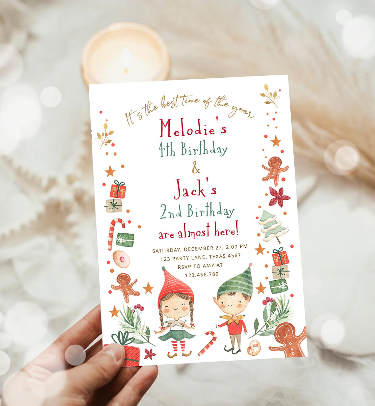 May include: A festive invitation with the text &amp;quot;It&amp;#39;s the best time of the year&amp;quot; and announcing Melodie&amp;#39;s 4th and Jack&amp;#39;s 2nd birthday. The design includes illustrations of elves, gingerbread men, gifts, and candy canes, with the party details at the bottom.