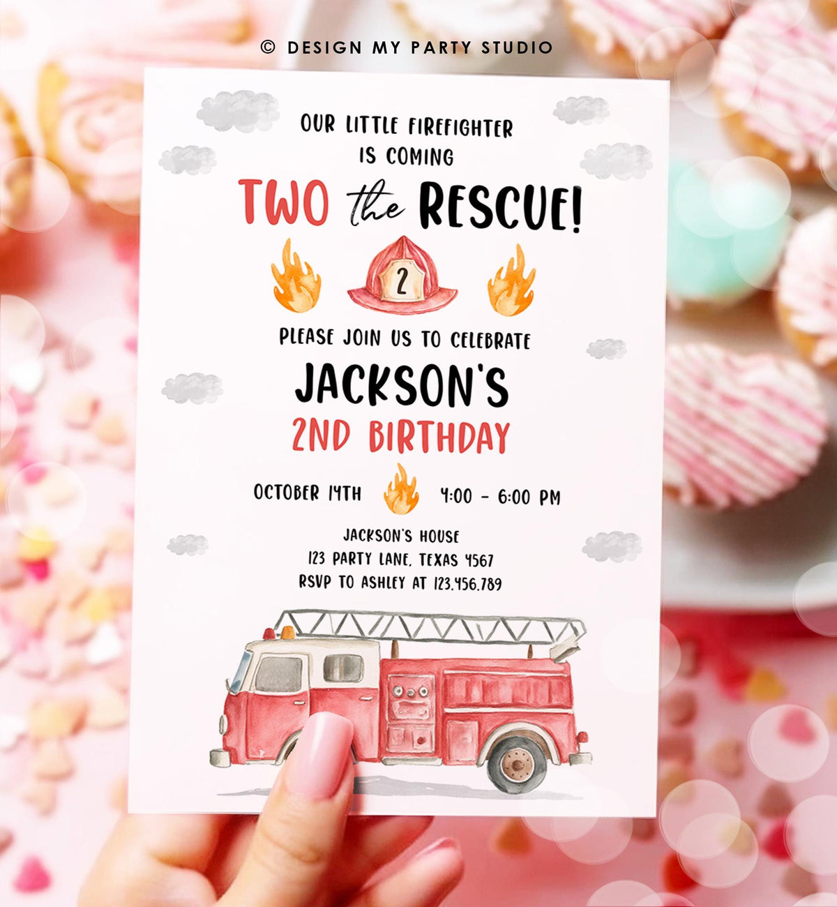 May include: A birthday invitation with a firefighter theme. The invitation features a red fire truck illustration and text that reads &amp;quot;Our Little Firefighter is Coming, Two the Rescue!&amp;quot; and &amp;quot;Jackson&amp;#39;s 2nd Birthday.&amp;quot;