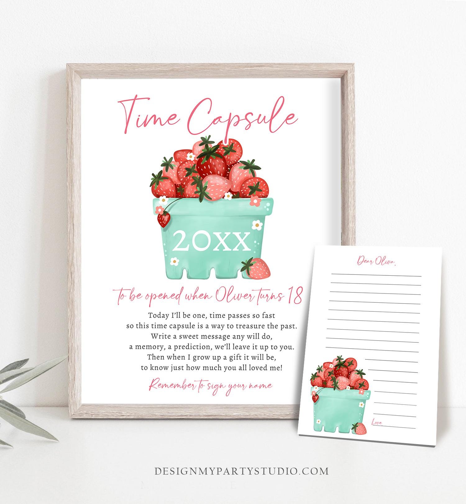 Editable Strawberry Time Capsule First Birthday Party Strawberry Decorations Berry Sweet Berry Sweet Girl Digital Template Printable 0506
