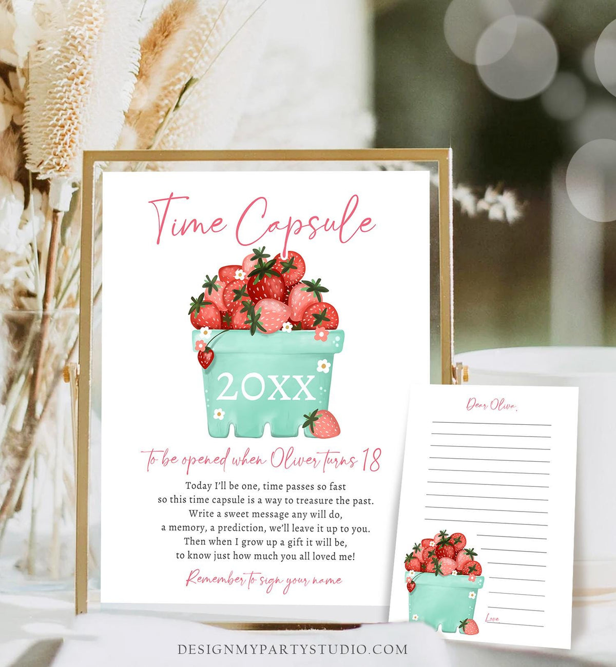Editable Strawberry Time Capsule First Birthday Party Strawberry Decorations Berry Sweet Berry Sweet Girl Digital Template Printable 0506