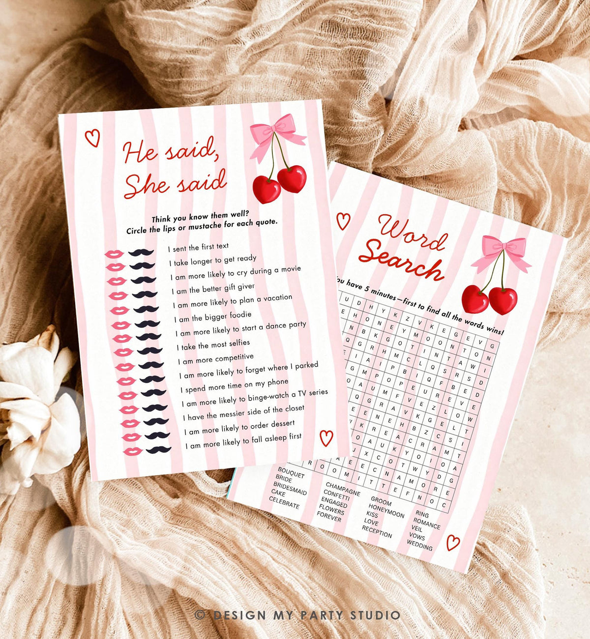 Editable Pink Cherry Bow Bridal Shower Game Bundle Bachelorette Coquette Cherry on Top Digital Download Canva Template Printable 0572