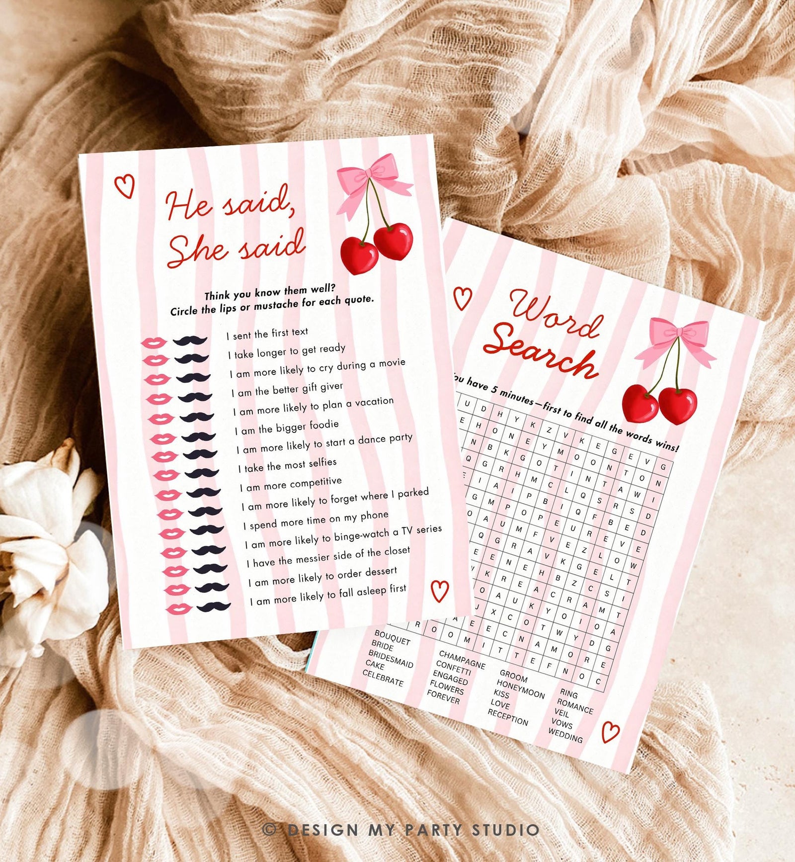Editable Pink Cherry Bow Bridal Shower Game Bundle Bachelorette Coquette Cherry on Top Digital Download Canva Template Printable 0572