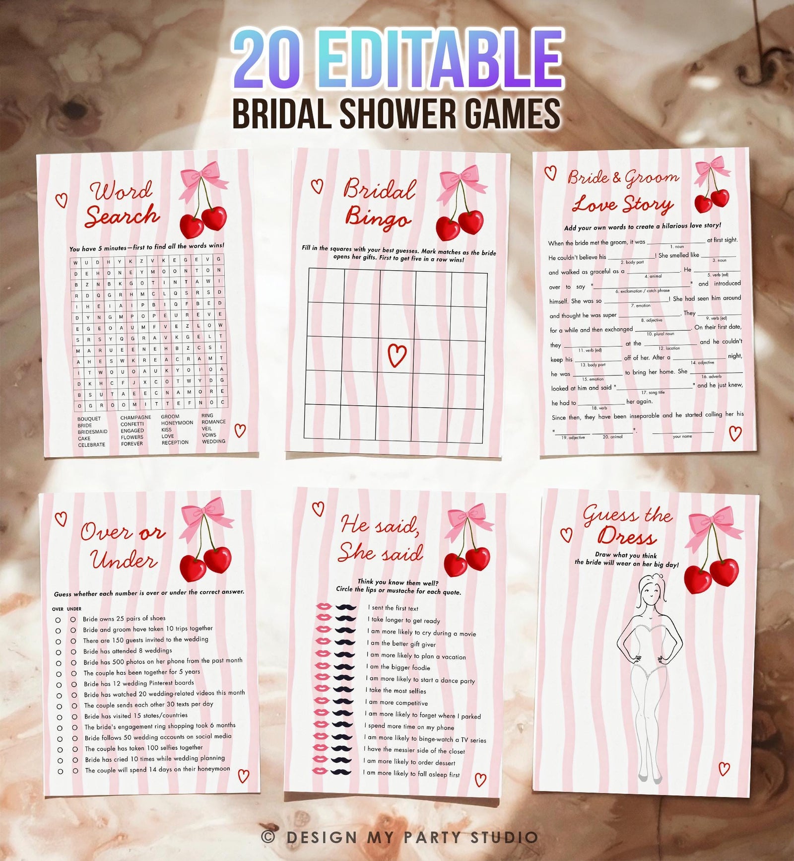 Editable Pink Cherry Bow Bridal Shower Game Bundle Bachelorette Coquette Cherry on Top Digital Download Canva Template Printable 0572