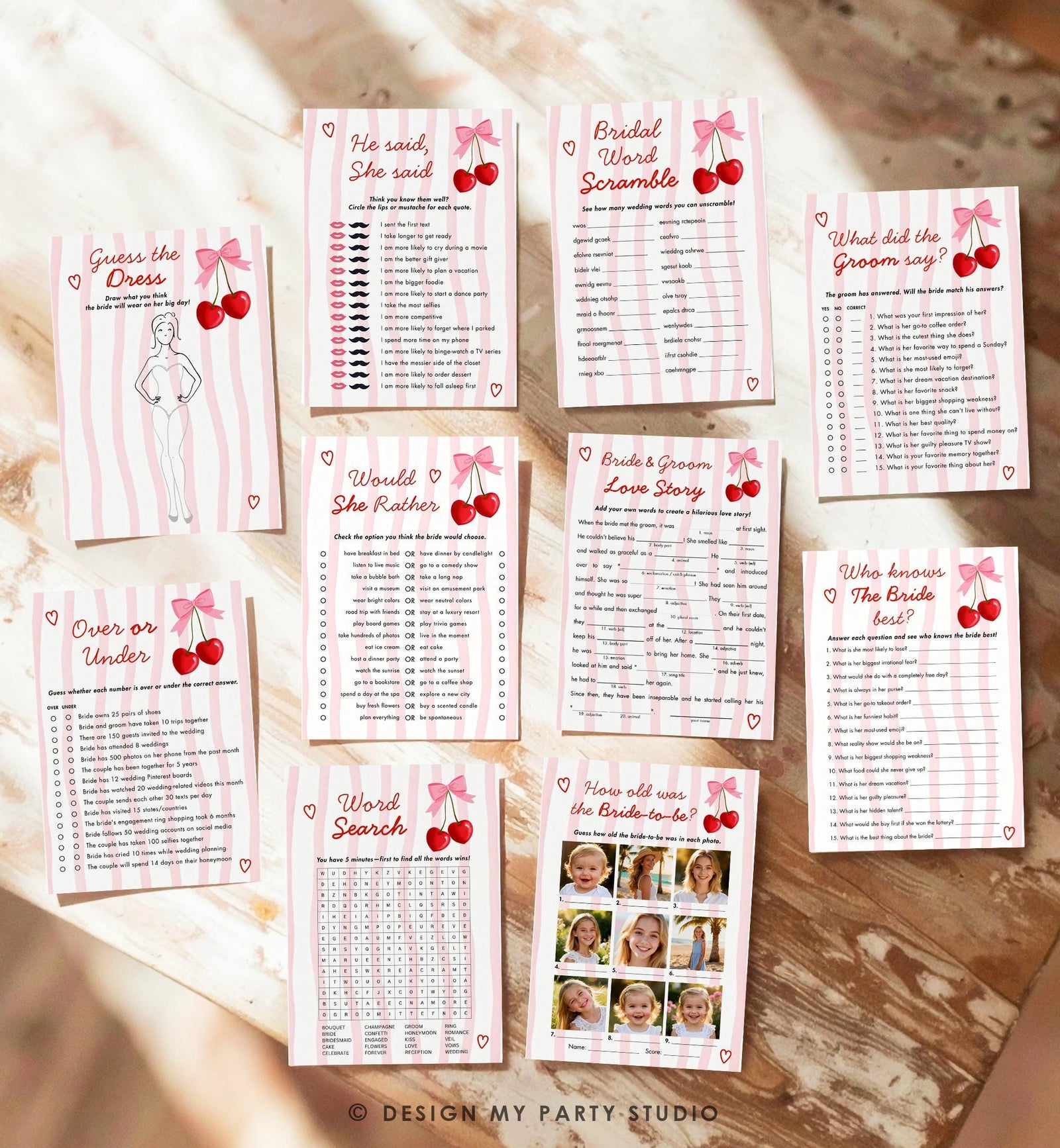 Editable Pink Cherry Bow Bridal Shower Game Bundle Bachelorette Coquette Cherry on Top Digital Download Canva Template Printable 0572