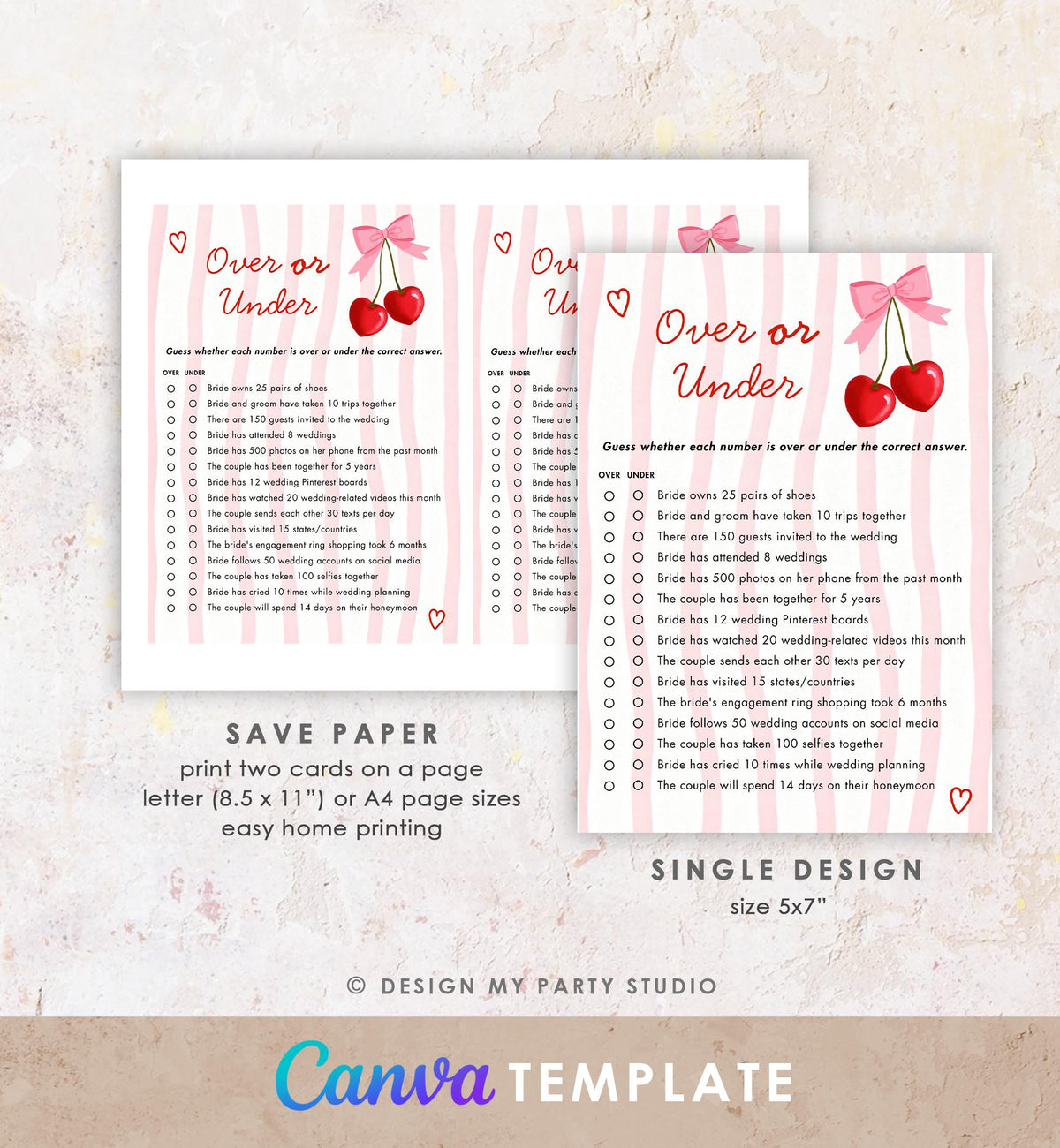 Editable Pink Cherry Bow Bridal Shower Game Bundle Bachelorette Coquette Cherry on Top Digital Download Canva Template Printable 0572