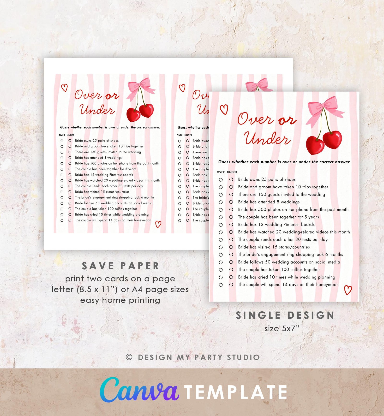 Editable Pink Cherry Bow Bridal Shower Game Bundle Bachelorette Coquette Cherry on Top Digital Download Canva Template Printable 0572
